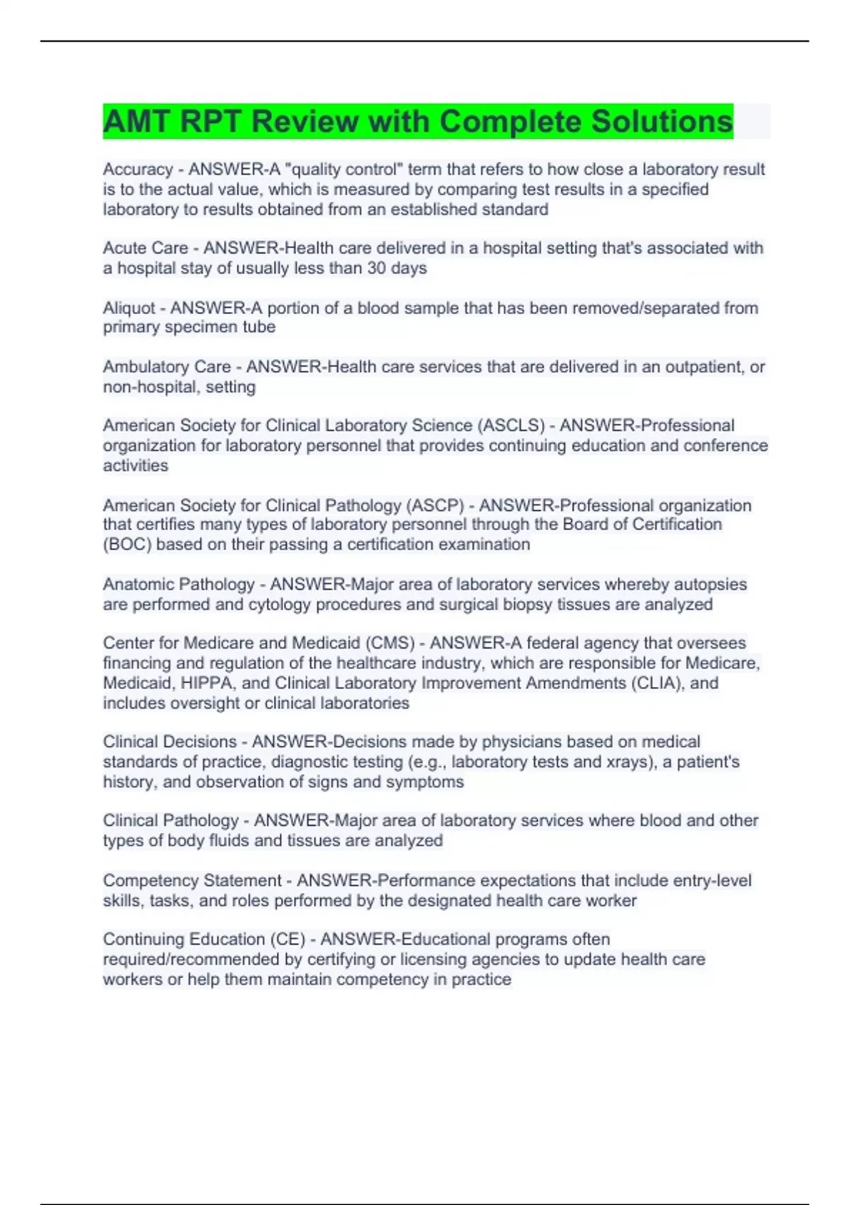 AMT RPT Review with Complete Solutions AMT RPT Stuvia US