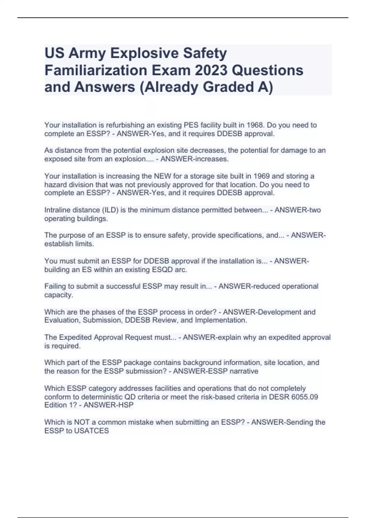 US Army Explosive Safety Familiarization Exam 2023 Questions and Answers (Already Graded A) US