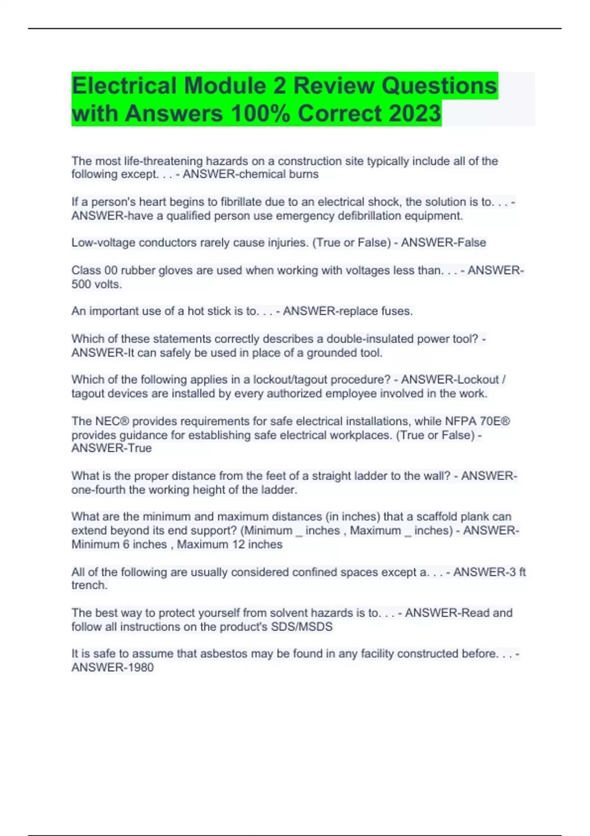 Electrical Module 2 Review Questions with Answers 100 Correct 2023