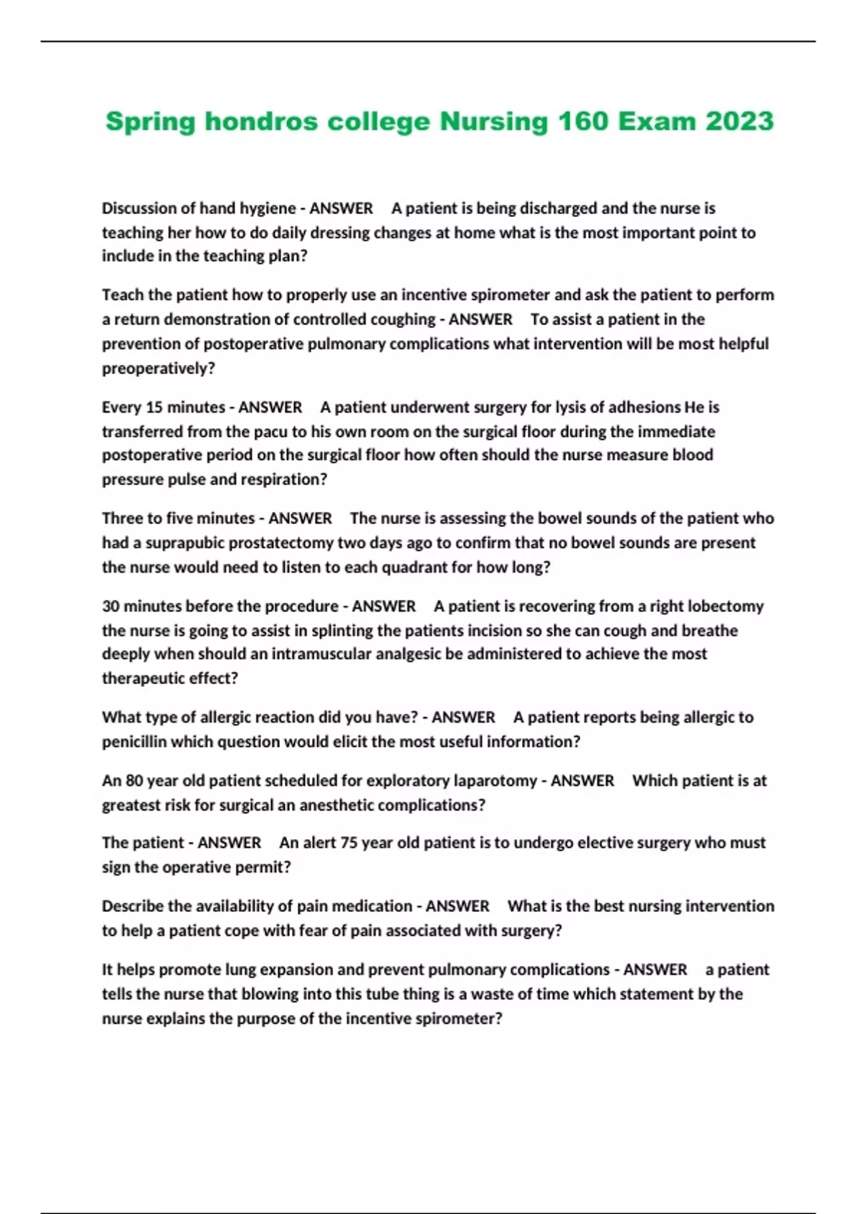 Spring hondros college Nursing 160 Exam 2023 Spring hondros college
