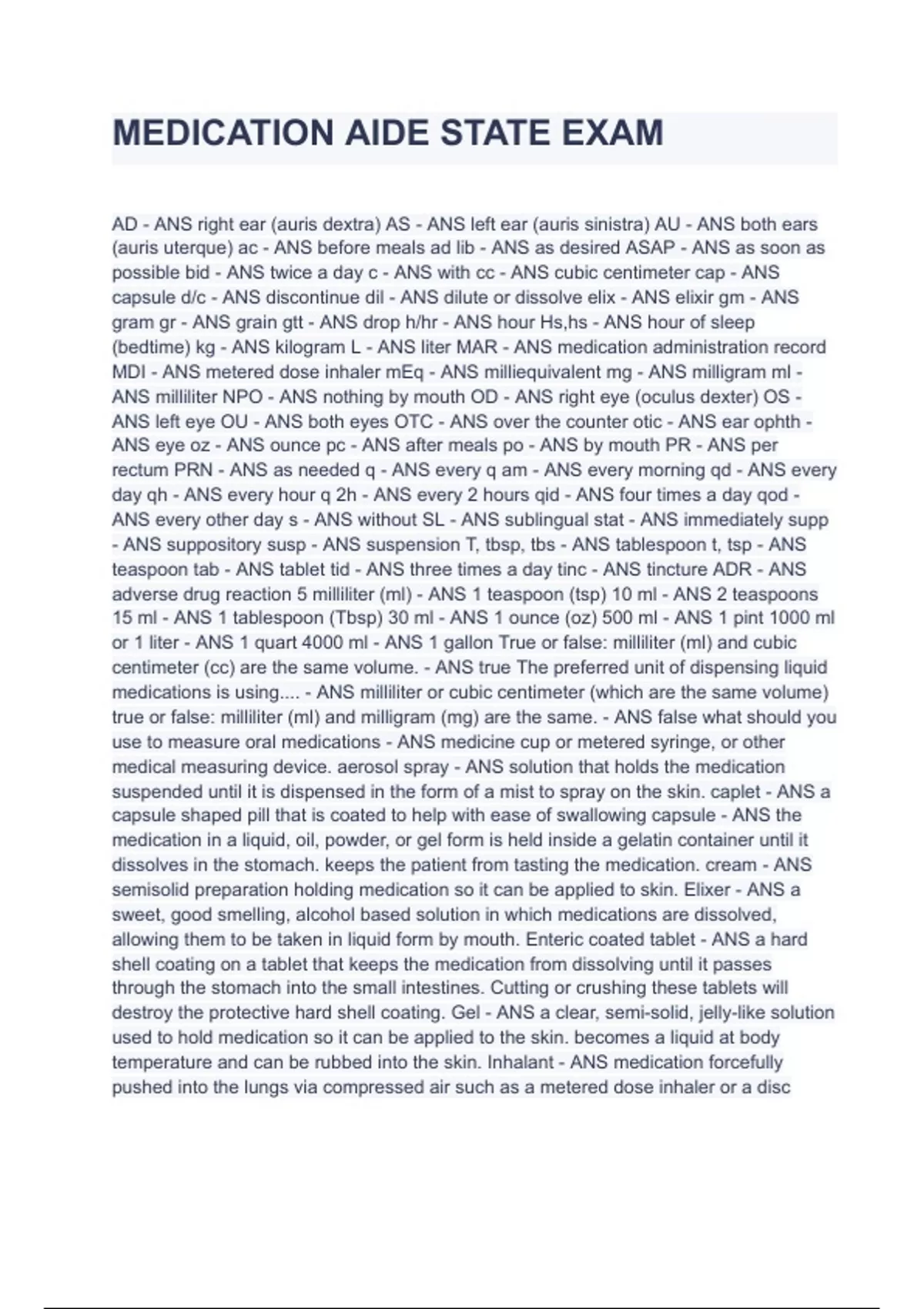 MEDICATION AIDE STATE EXAM AND VERIFIED CORRECT ANSWERS 2022/2023 A+