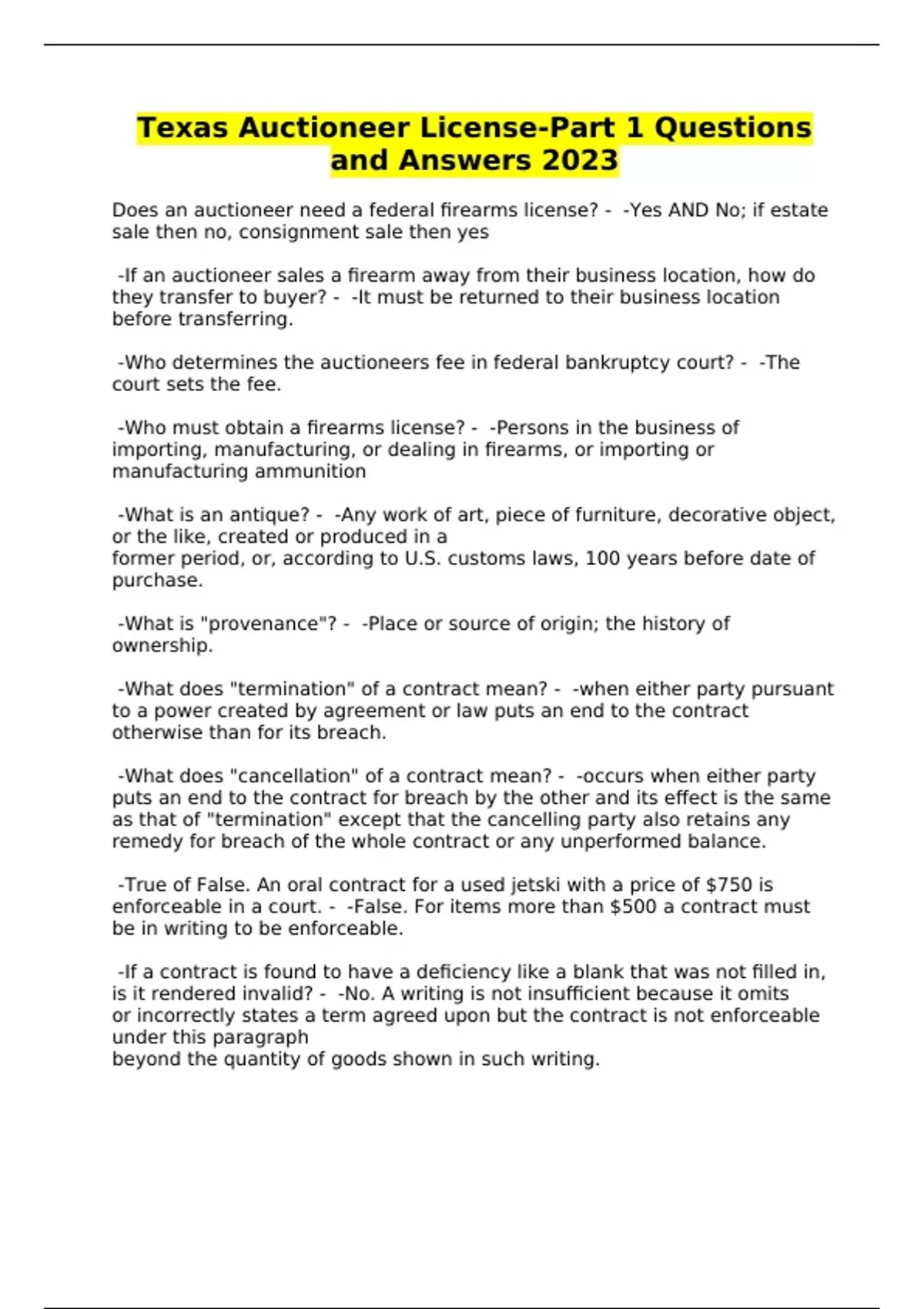 Texas Auctioneer LicensePart 1 Questions and Answers 2023 Texas Auctioneer LicensePart 1