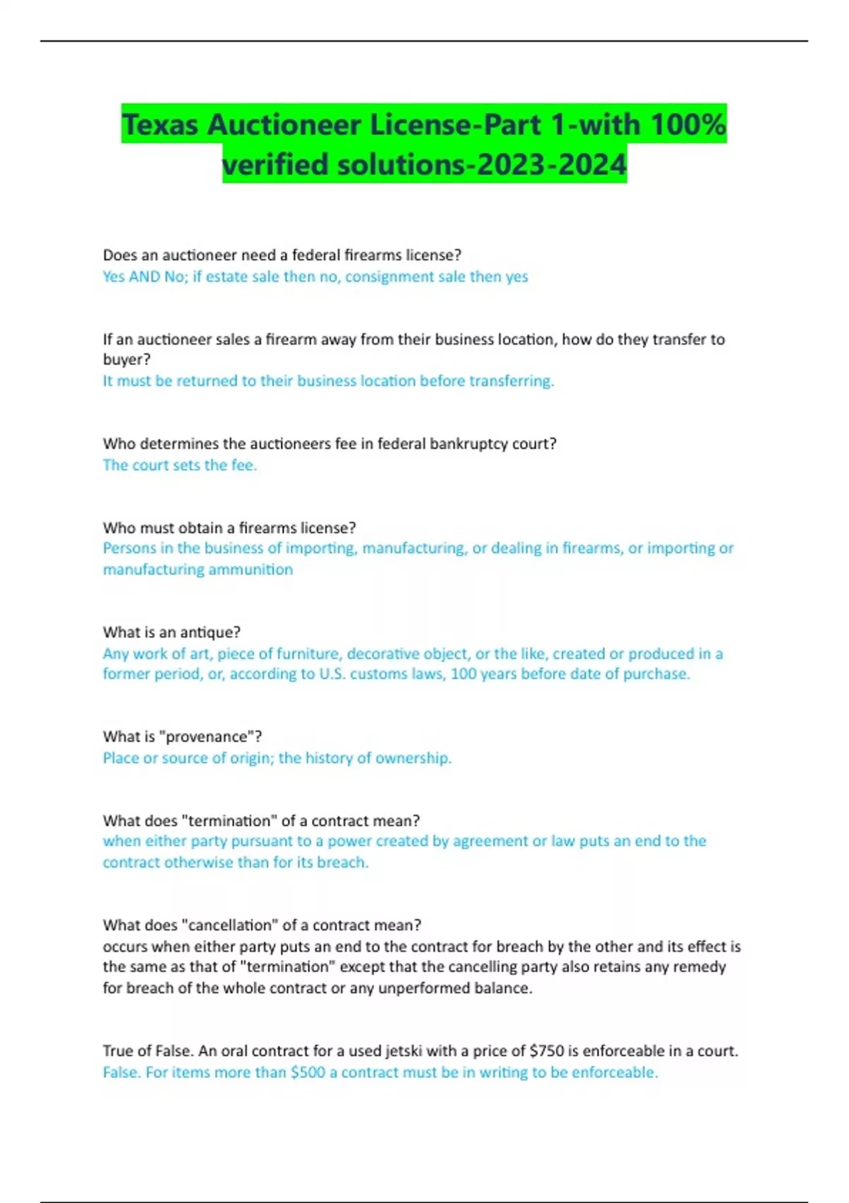 Texas Auctioneer LicensePart 1with 100 verified solutions Texas Auctioneer License Stuvia US