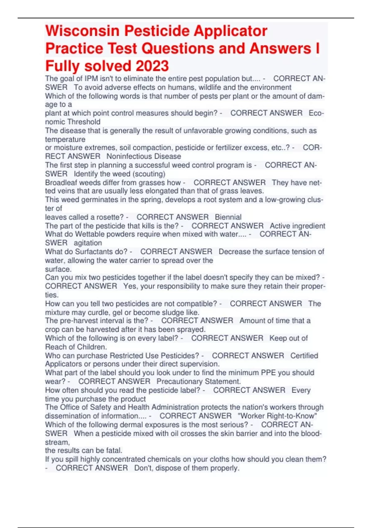 Wisconsin Pesticide Applicator Practice Test Questions and Answers l