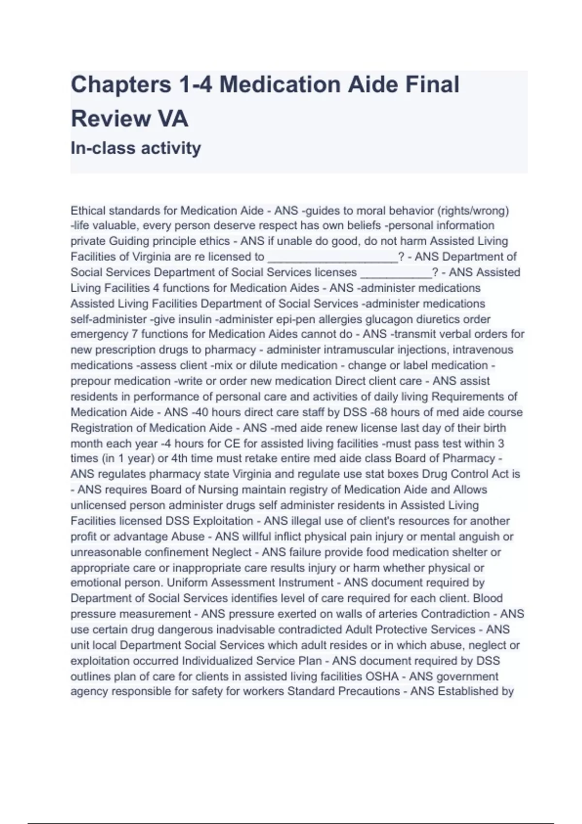 Chapters 14 Medication Aide Final Review VA Inclass activity (A+