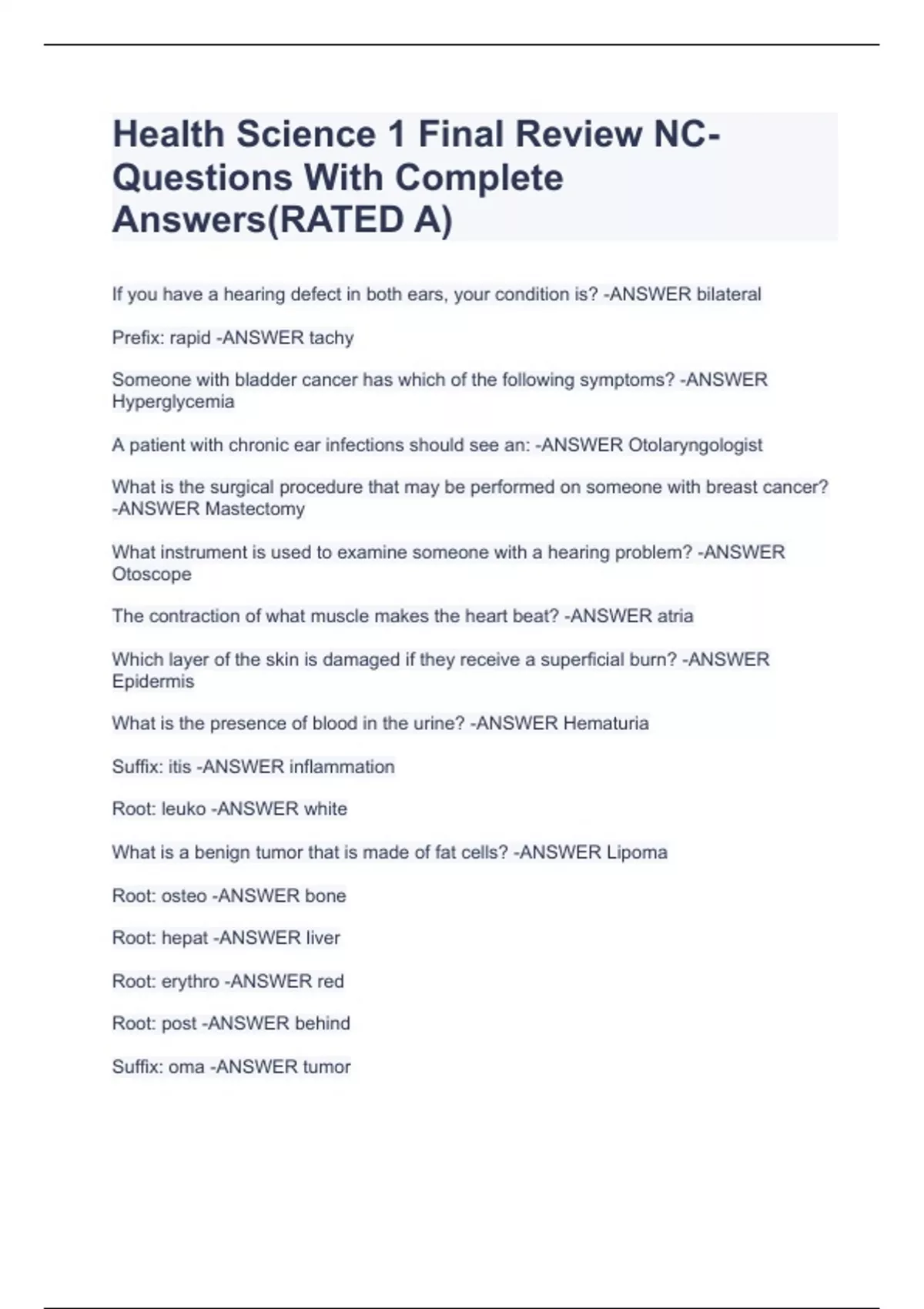 Health Science 1 Final Review Nc Questions With Complete Answers Rated