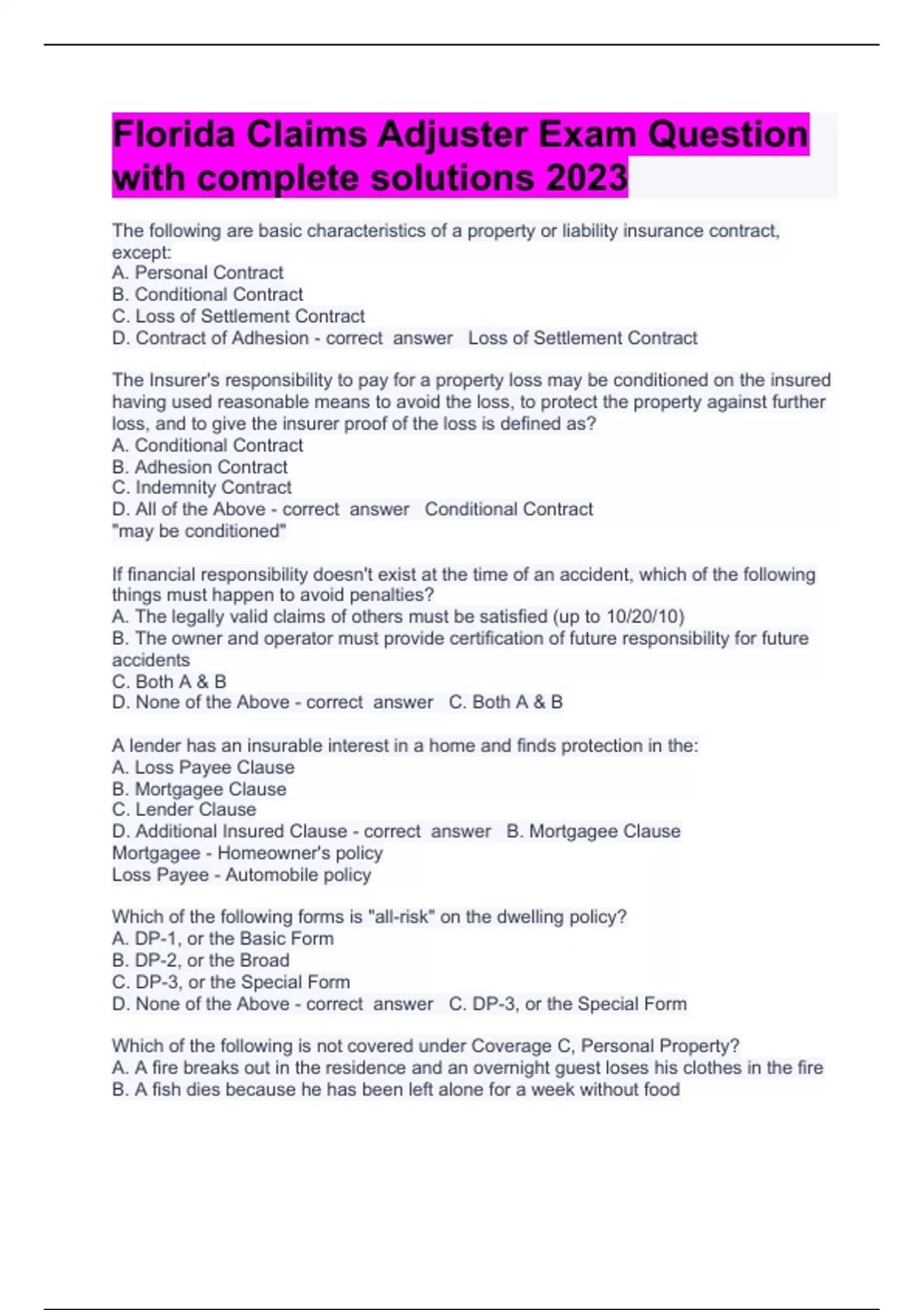 Florida Claims Adjuster Exam Question With Complete Solutions 2023