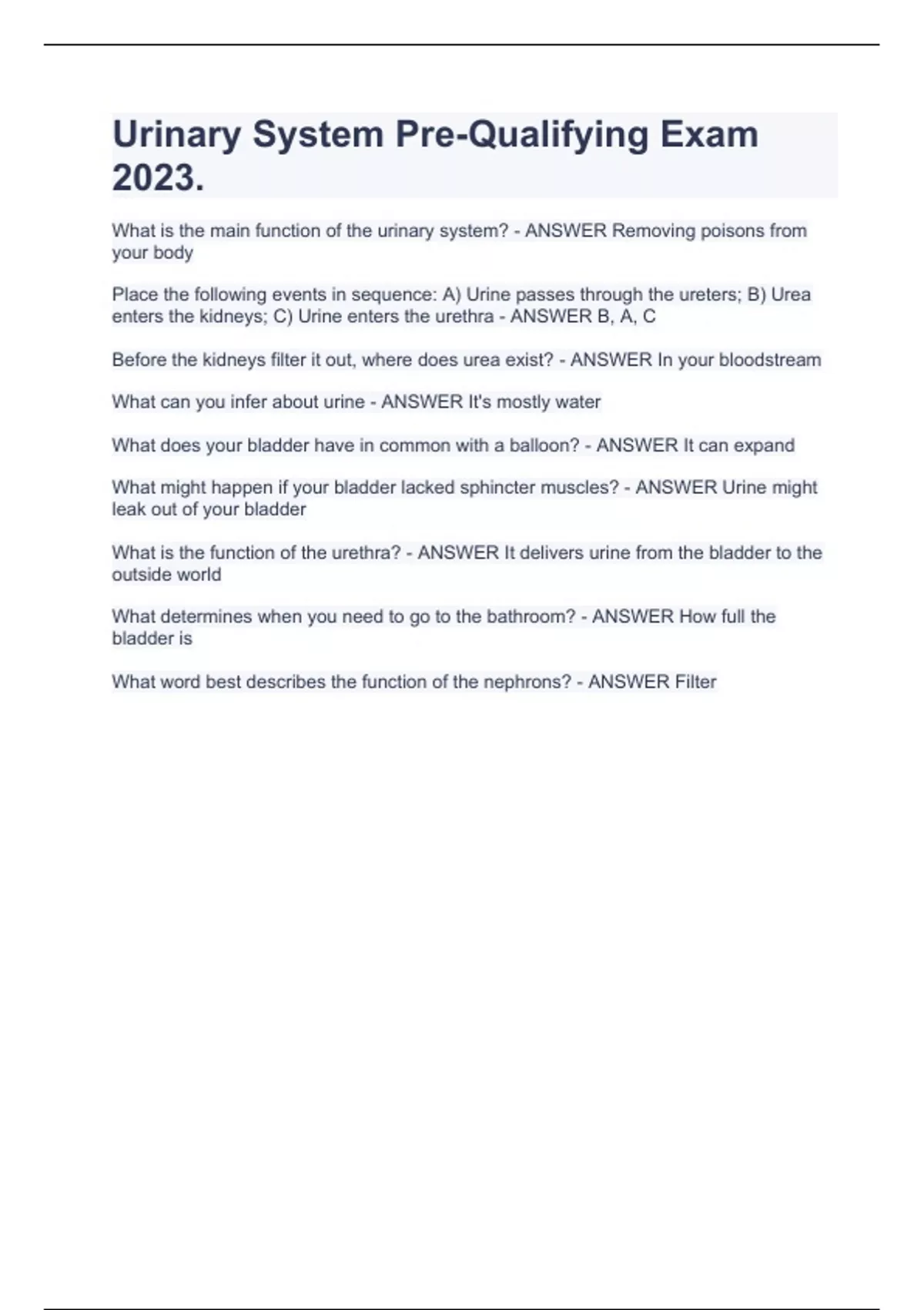 AES Urinary System Revised Test 2023’ ANSWER Stuvia US