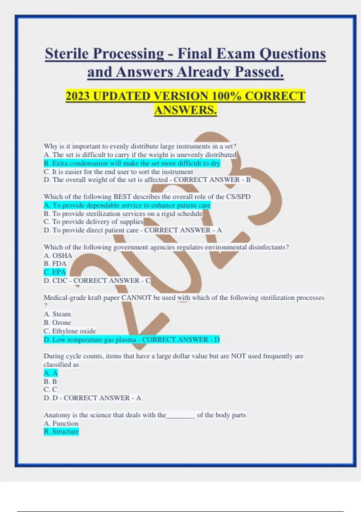 Sterile Processing Final Exam Questions and Answers Already Passed