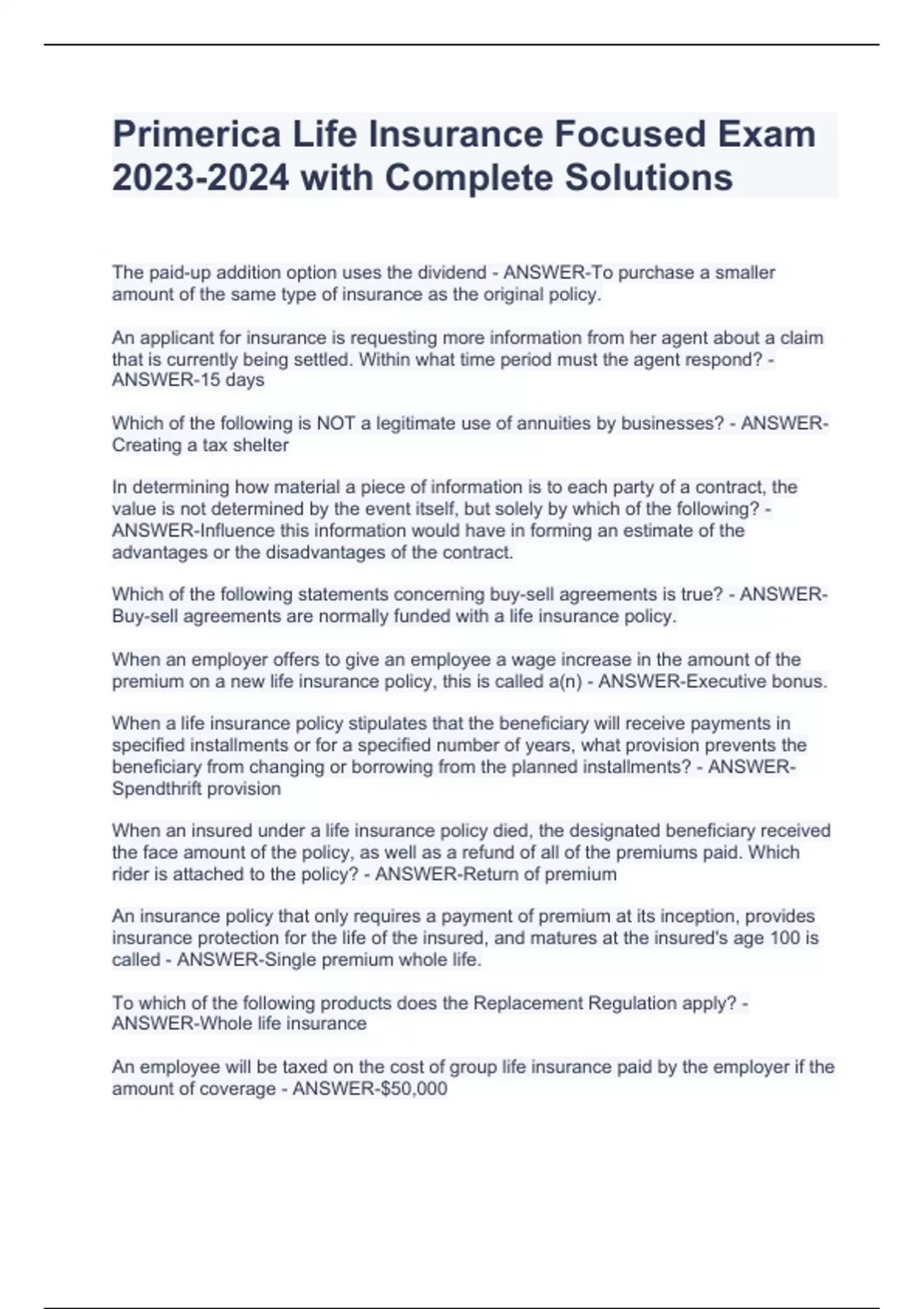 Primerica Life Insurance Focused Exam 20232024 with Complete Solutions Primerica Stuvia US