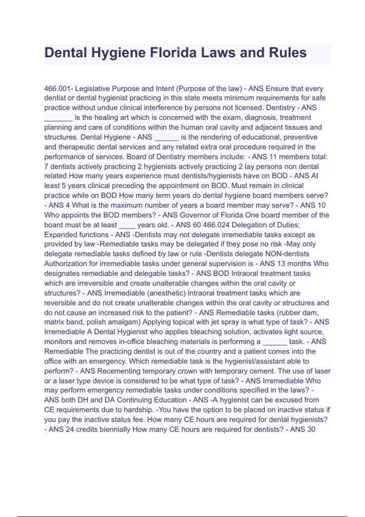 Dental Hygiene Florida Laws and Rules Complete Questions With Correct