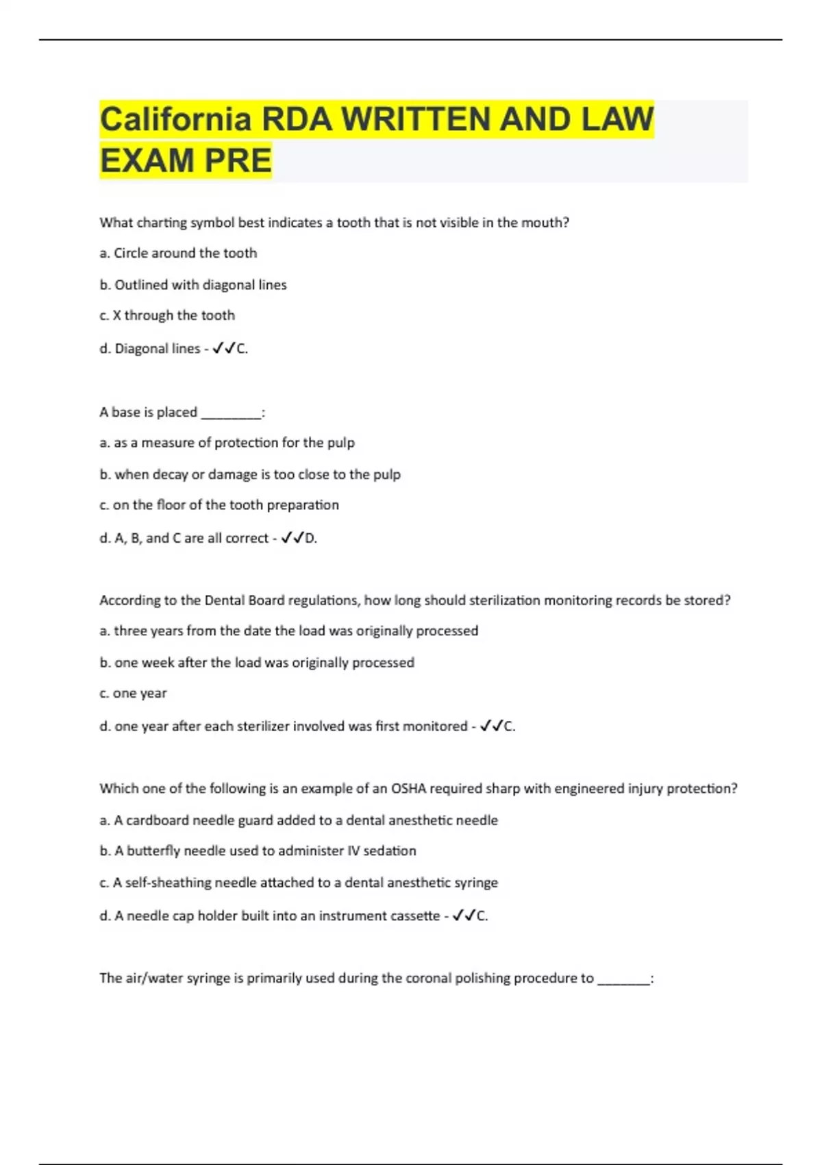 California RDA EXAMS QUESTIONS AND ANSWERS LATEST UPDATE 2023 WITH ...