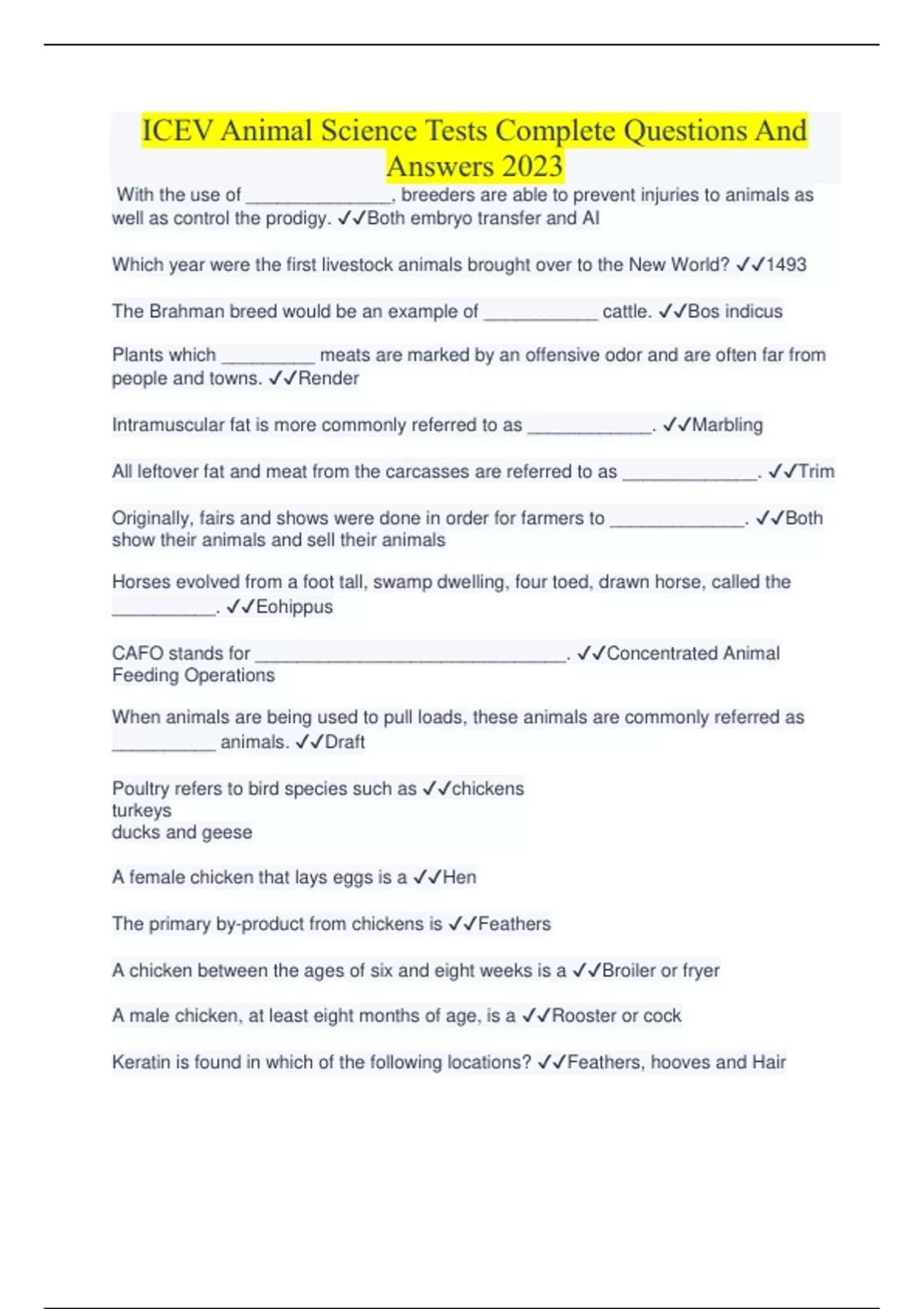 ICEV Animal Science Tests Complete Questions And Answers 2023 ICEV