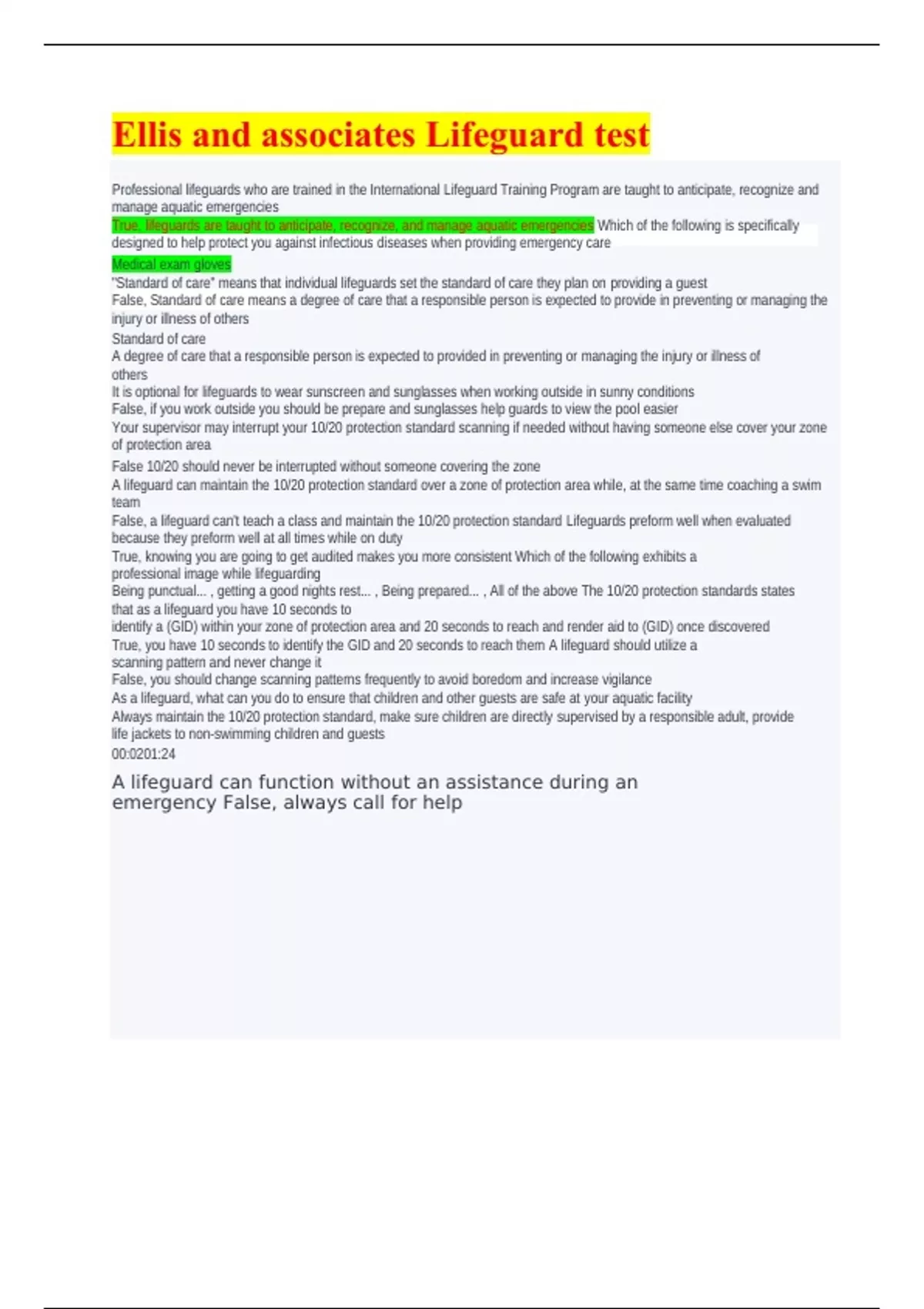 Ellis and associates Lifeguard test 97 questions with correct answers Ellis and associates