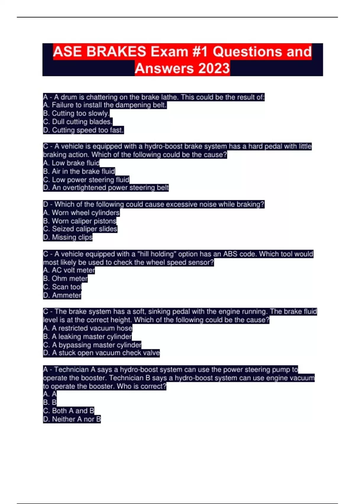 ASE BRAKES Exam 1 Questions and Answers 2023 ASE BRAKES Stuvia US