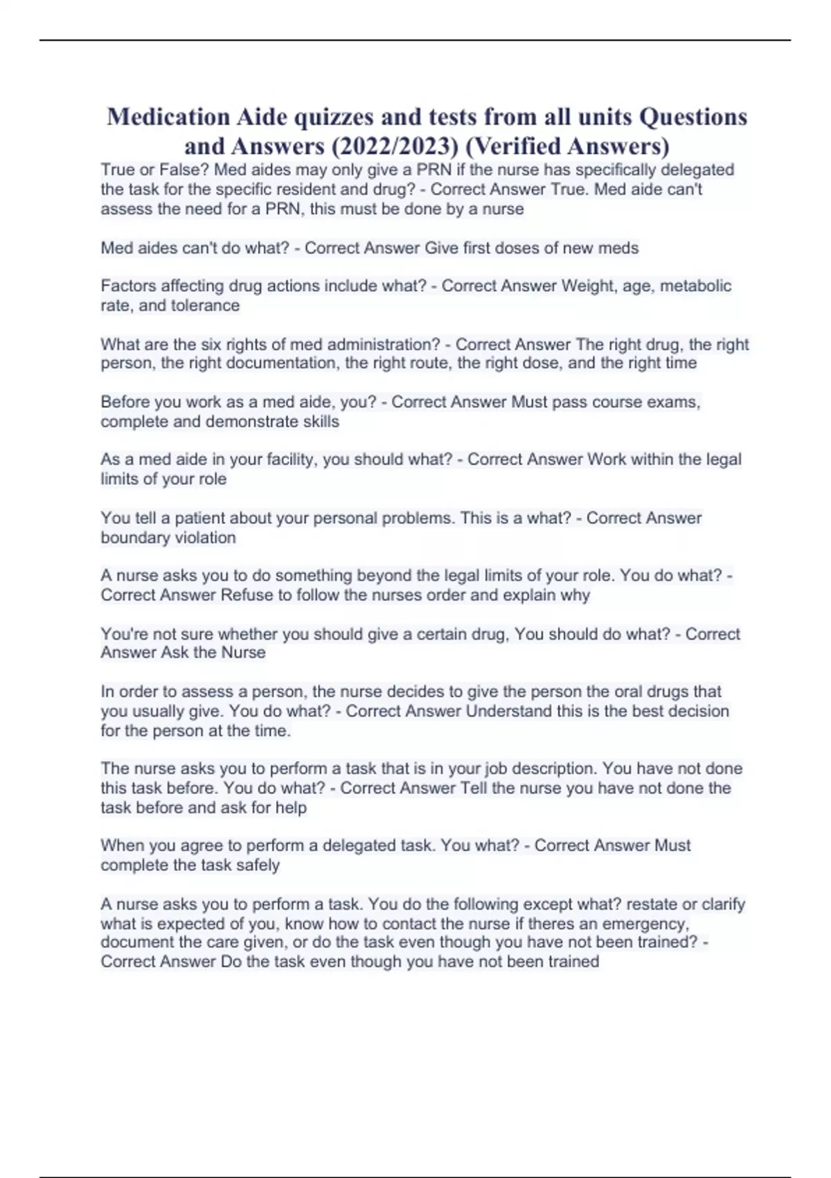 Medication Aide quizzes and tests from all units Questions and Answers (2022/2023) (Verified