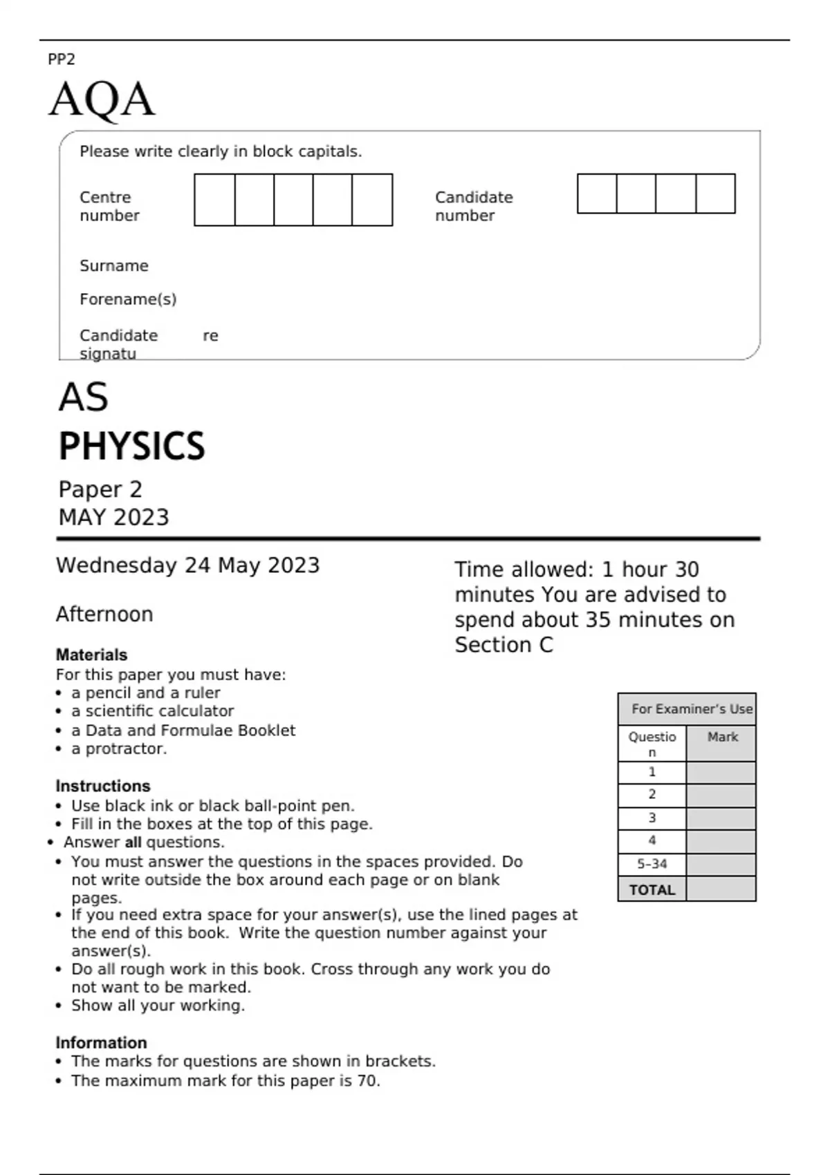 AQA AS LEVEL PHYSICS Paper 2 MAY 2023 FINAL QUESTION PAPER - AS PHYSICS ...