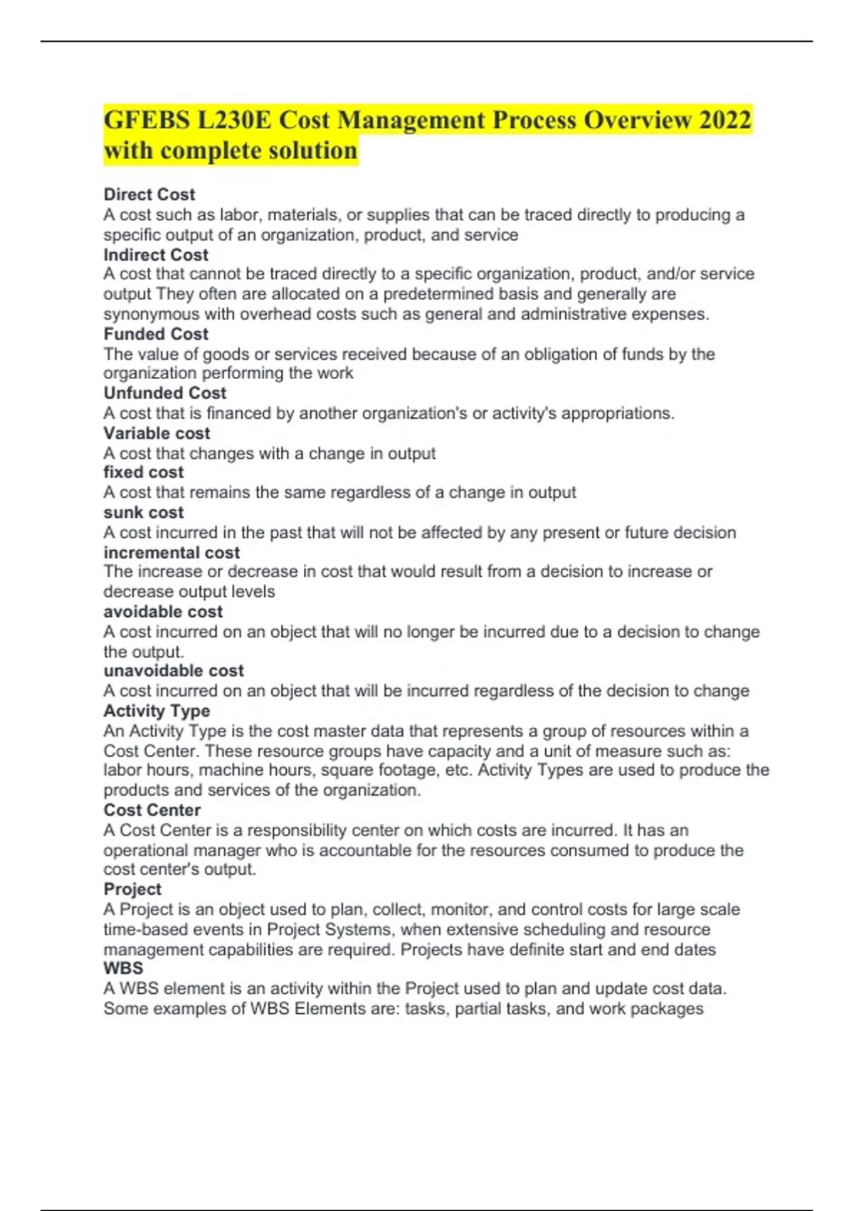 GFEBS L230E Cost Management Process Overview 2022 with complete solution GFEBS Stuvia NL