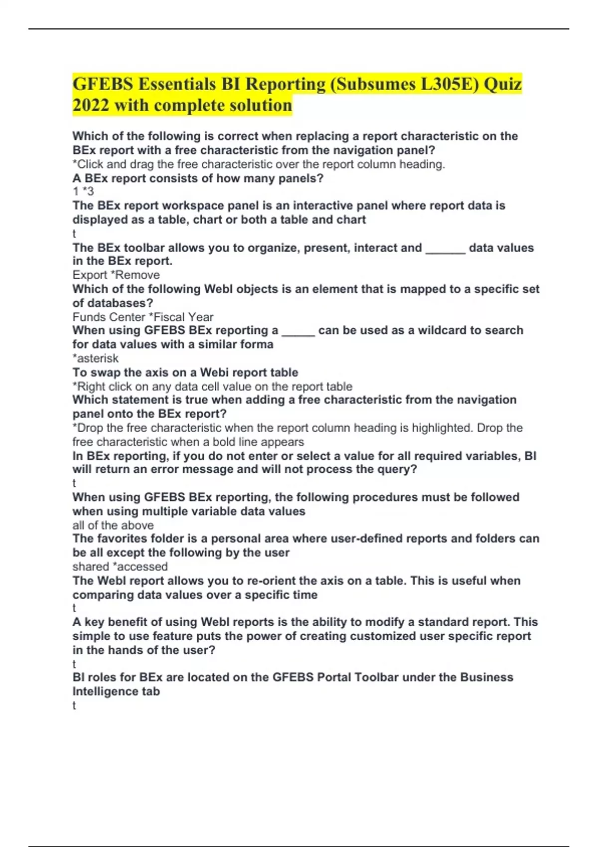 GFEBS Essentials BI Reporting (Subsumes L305E) Quiz 2022 with complete