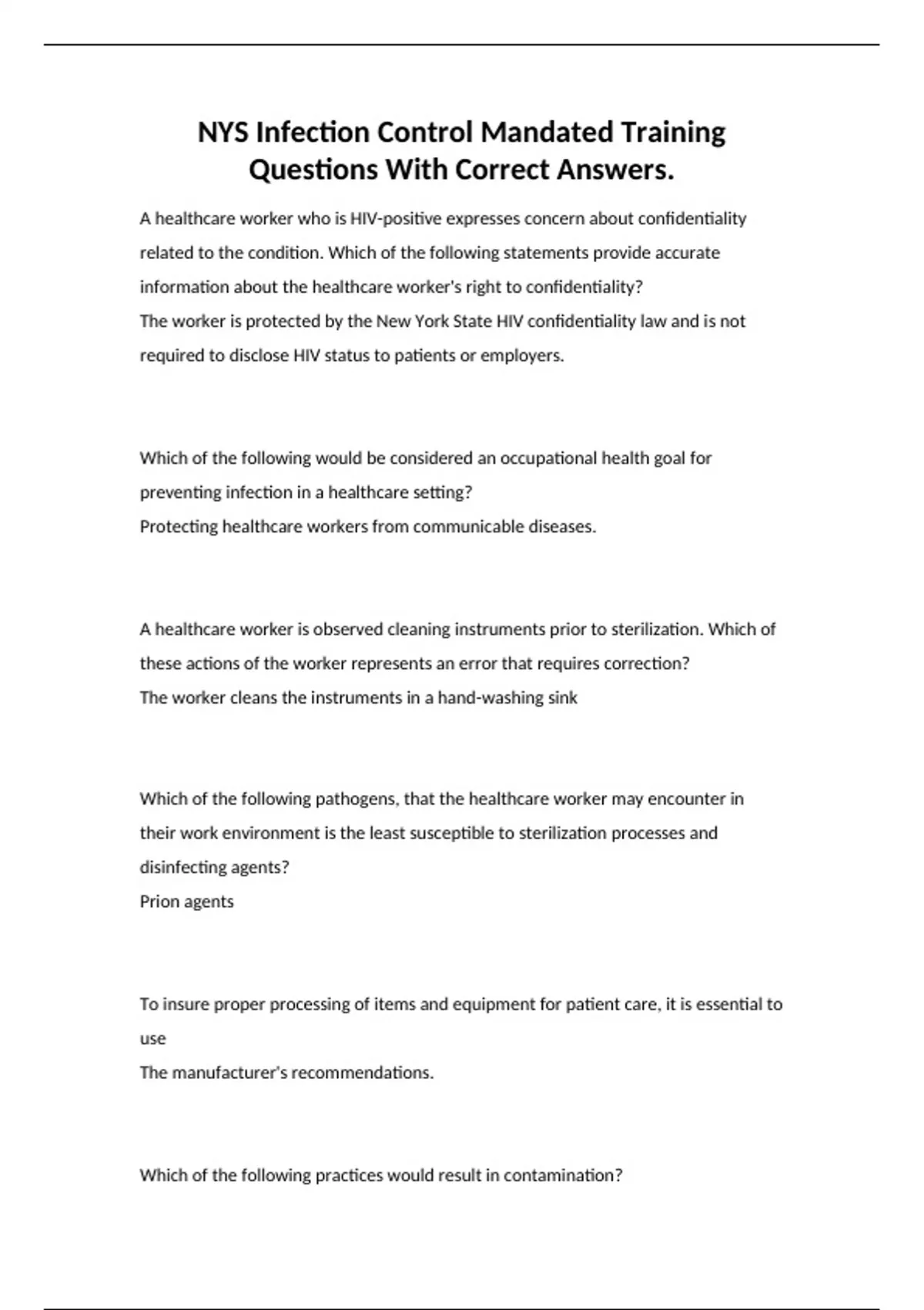NYS Infection Control Mandated Training Questions With Correct Answers 2024 NYS Infection