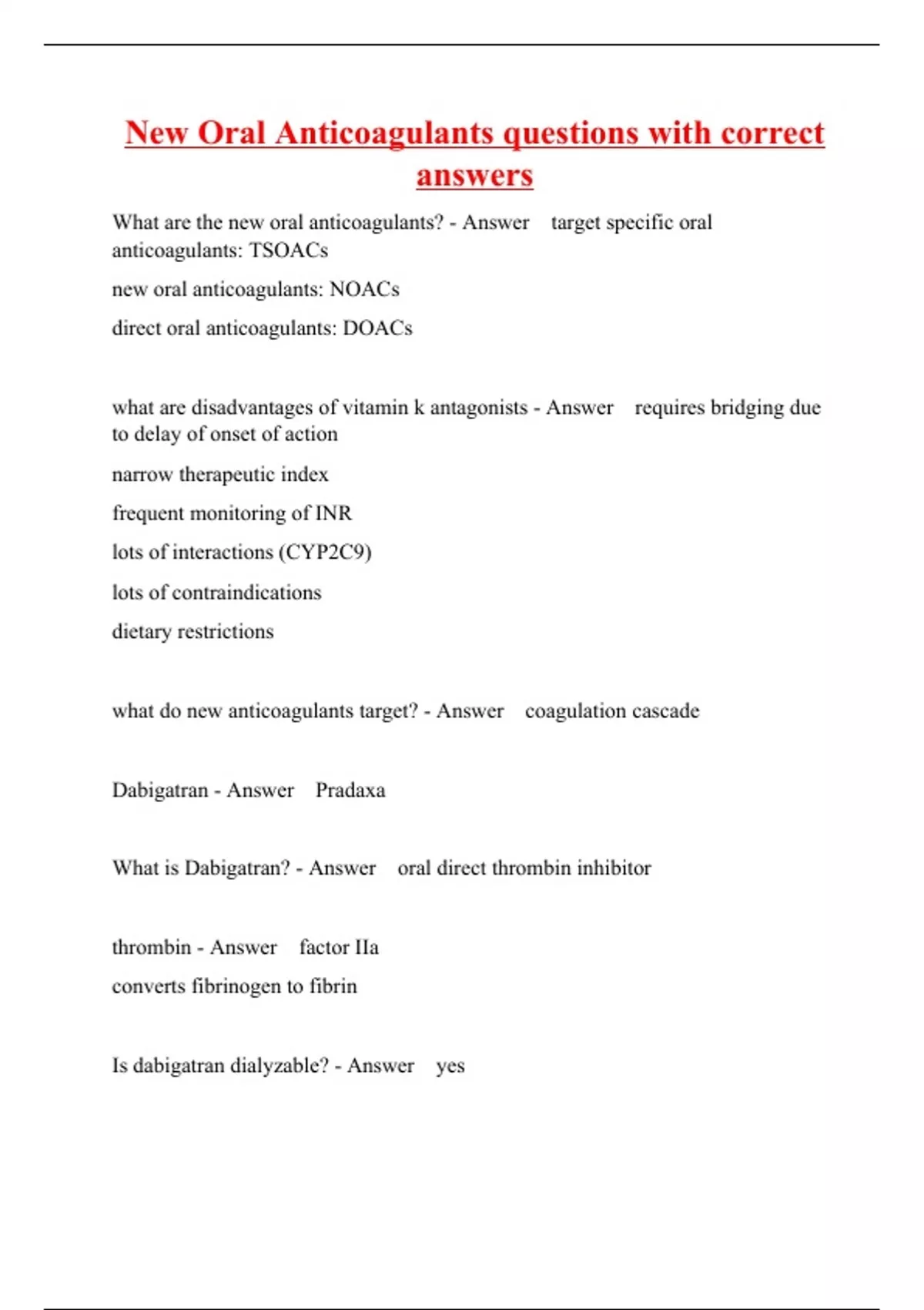 New Oral Anticoagulants questions with correct answers New Oral Anticoagulants Stuvia US