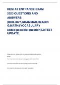HESI A2 ENTRANCE EXAM  2023 QUESTIONS AND  ANSWERS  (BIOLOGY,GRAMMAR,READIN  G,MATH&VOCABULARY  added possible question)LATEST  UPDATE