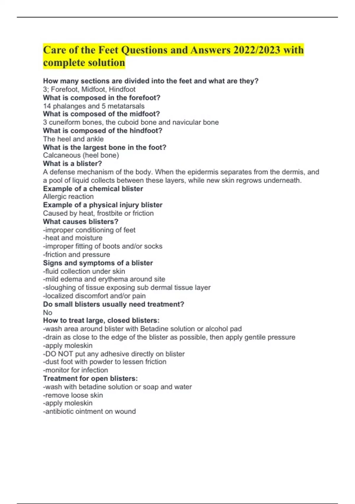 Care of the Feet Questions and Answers 2022/2023 with complete solution