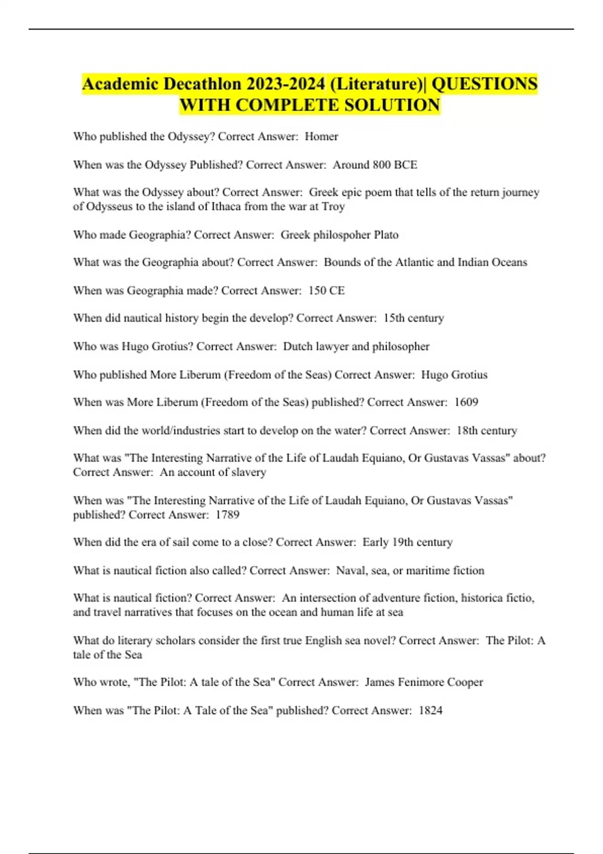 Academic Decathlon (Literature) QUESTIONS WITH COMPLETE SOLUTION