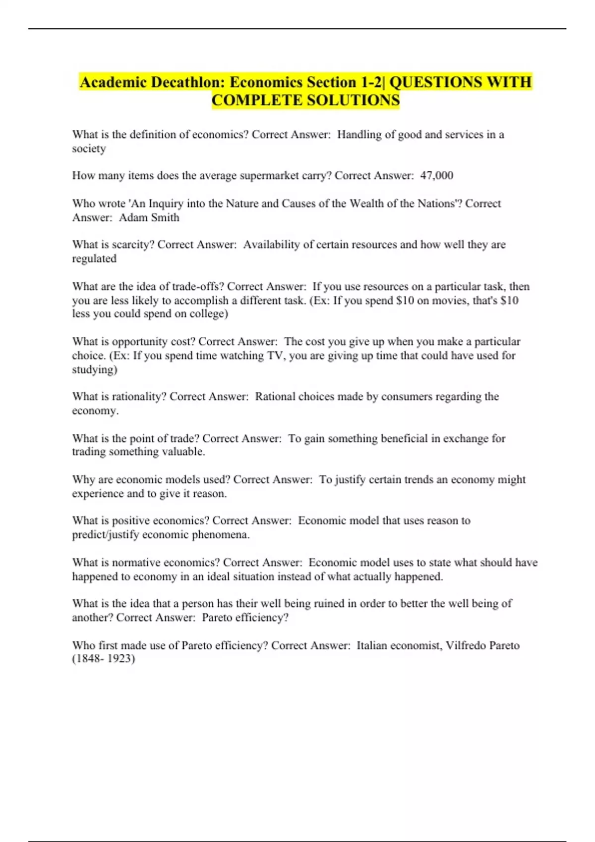 Academic Decathlon Economics Section 12 QUESTIONS WITH COMPLETE