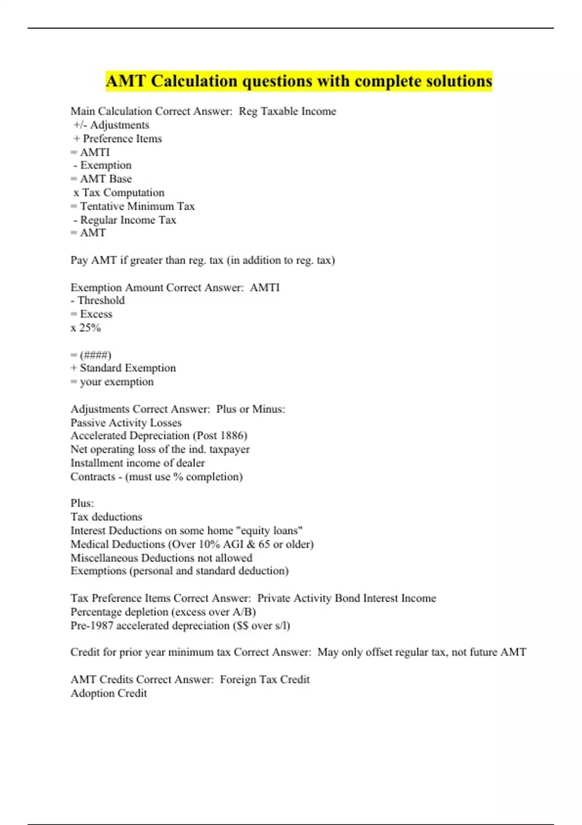 AMT Calculation questions with complete solutions - AMT - Stuvia US