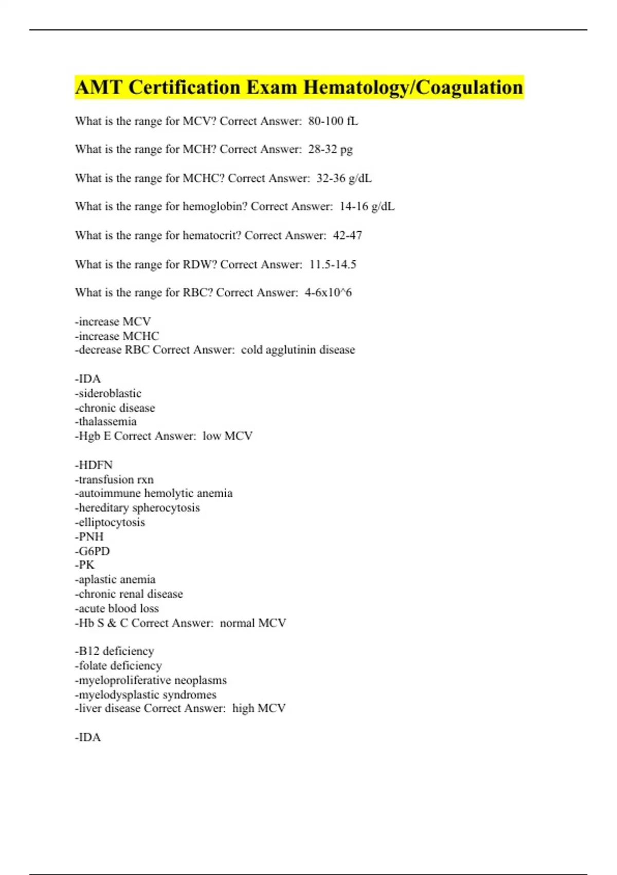 AMT Certification Exam Hematology/Coagulation Questions With Complete