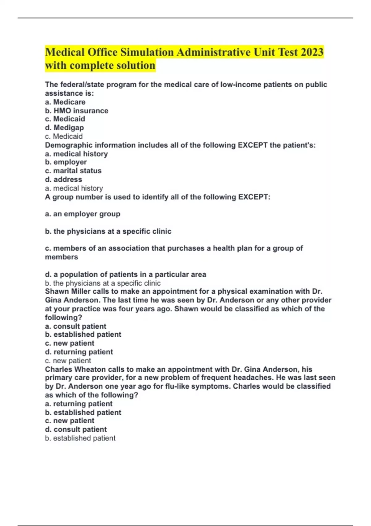 Medical Office Simulation Administrative Unit Test 2023 with complete ...