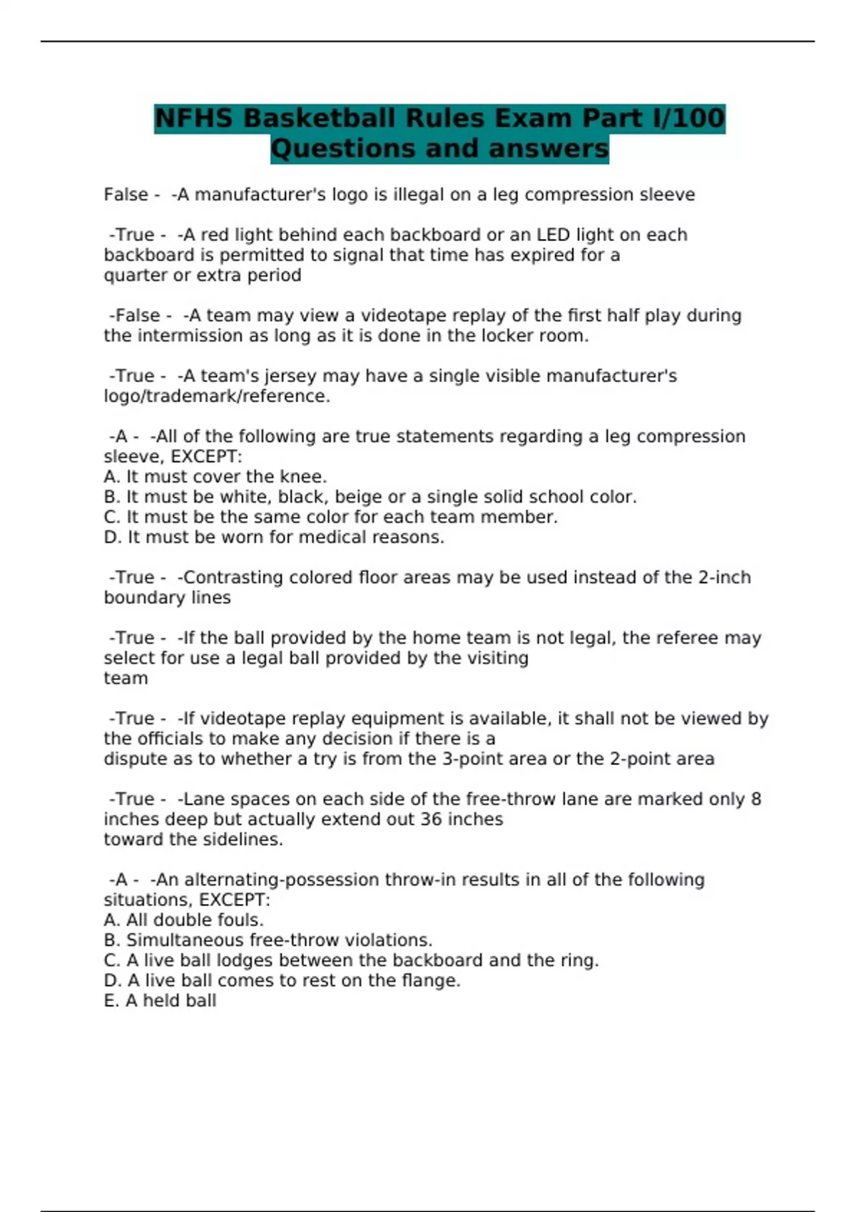 NFHS Basketball Rules Exam Part I/100 Questions and answers NFHS