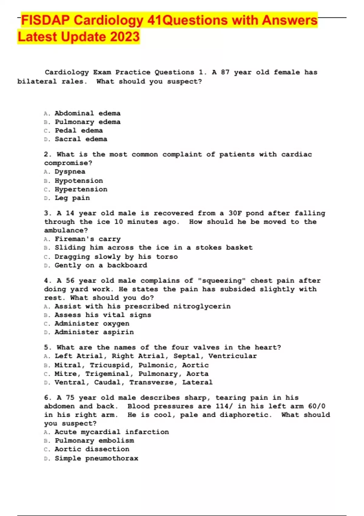 FISDAP Cardiology 41Questions with Answers Latest Update 2023 - FISDAP ...