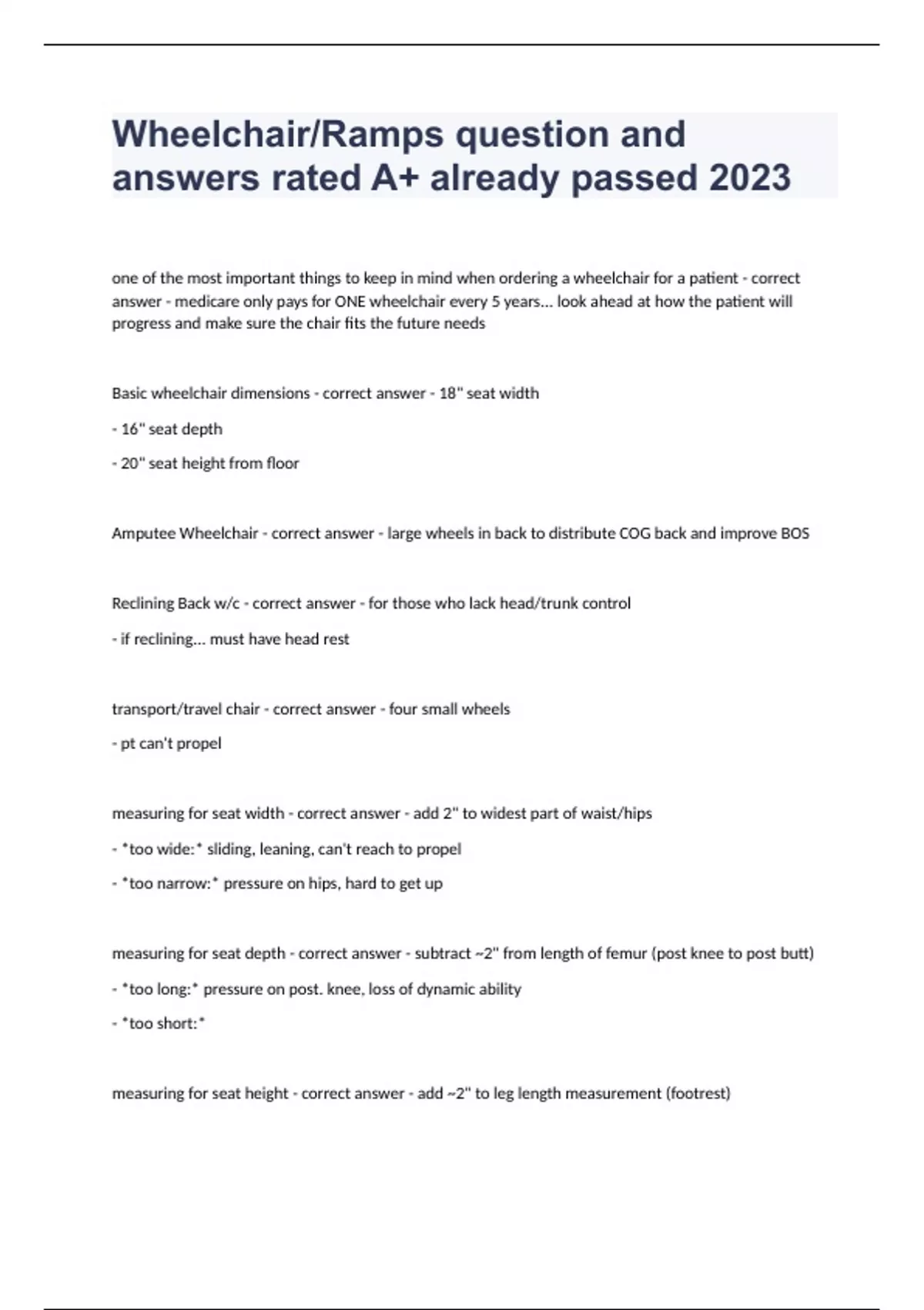 Wheelchair/Ramps question and answers rated A+ already passed 2023