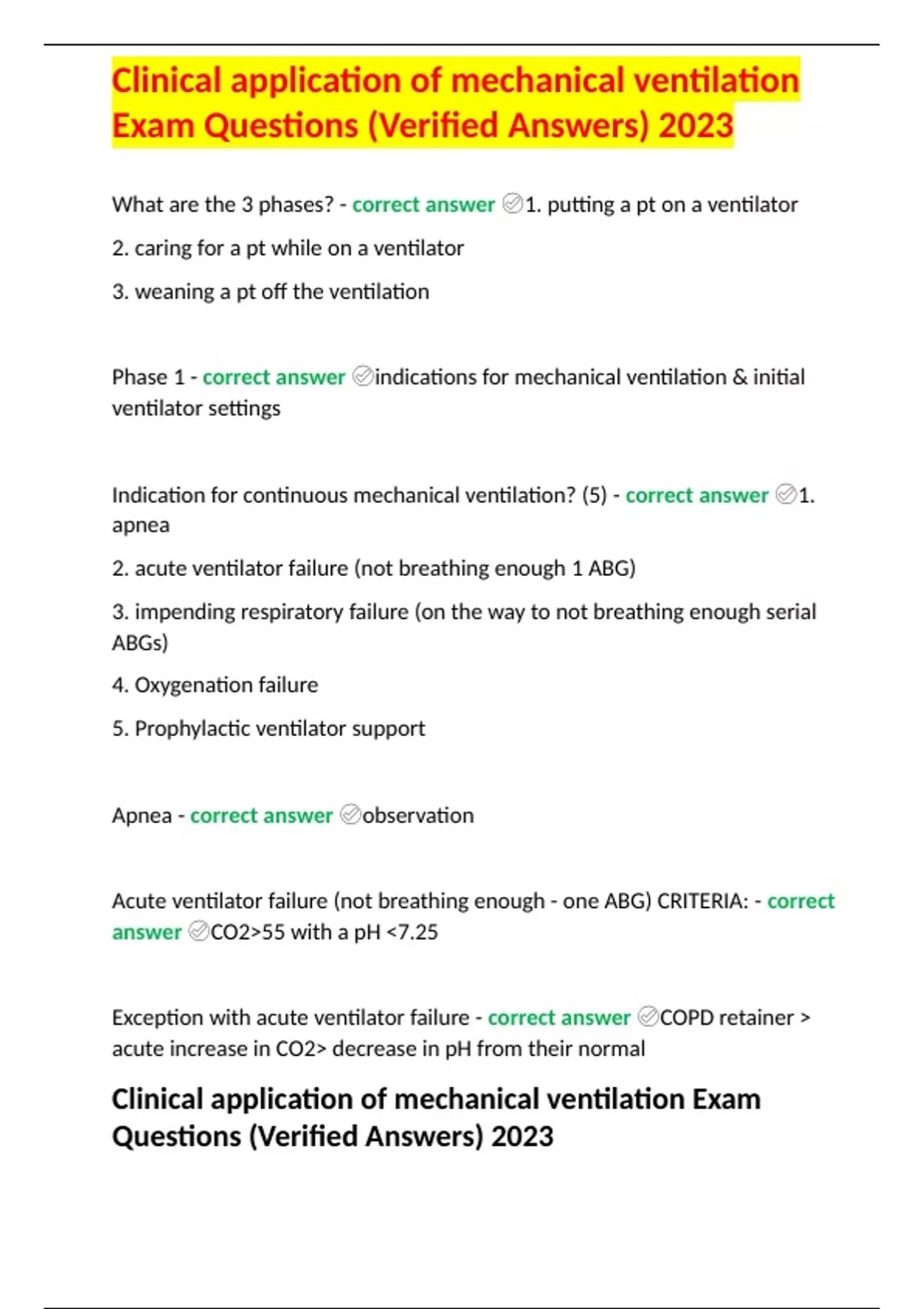 Clinical application of mechanical ventilation Exam Questions (Verified
