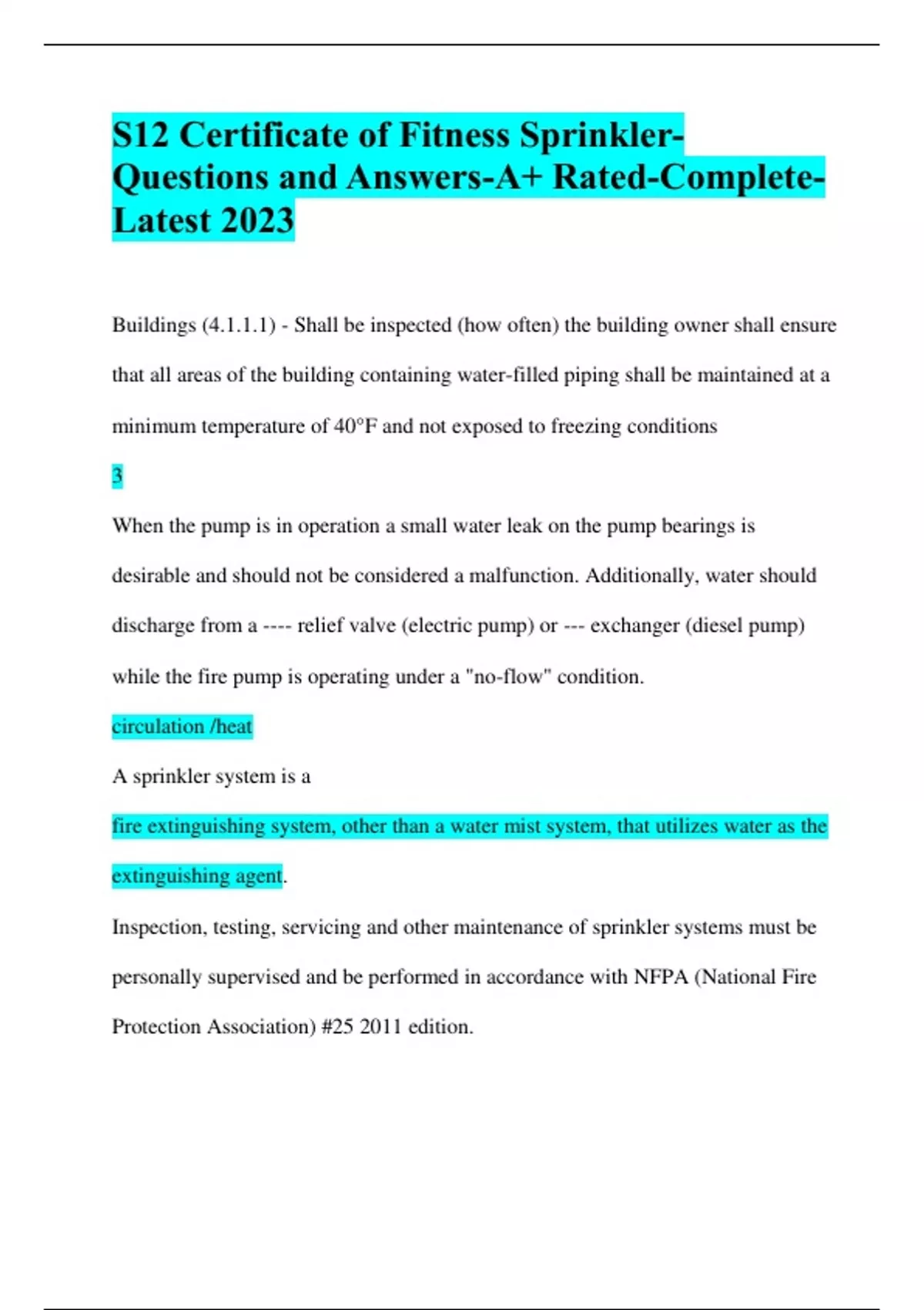 S12 Certificate of Fitness SprinklerQuestions and AnswersA+ Rated