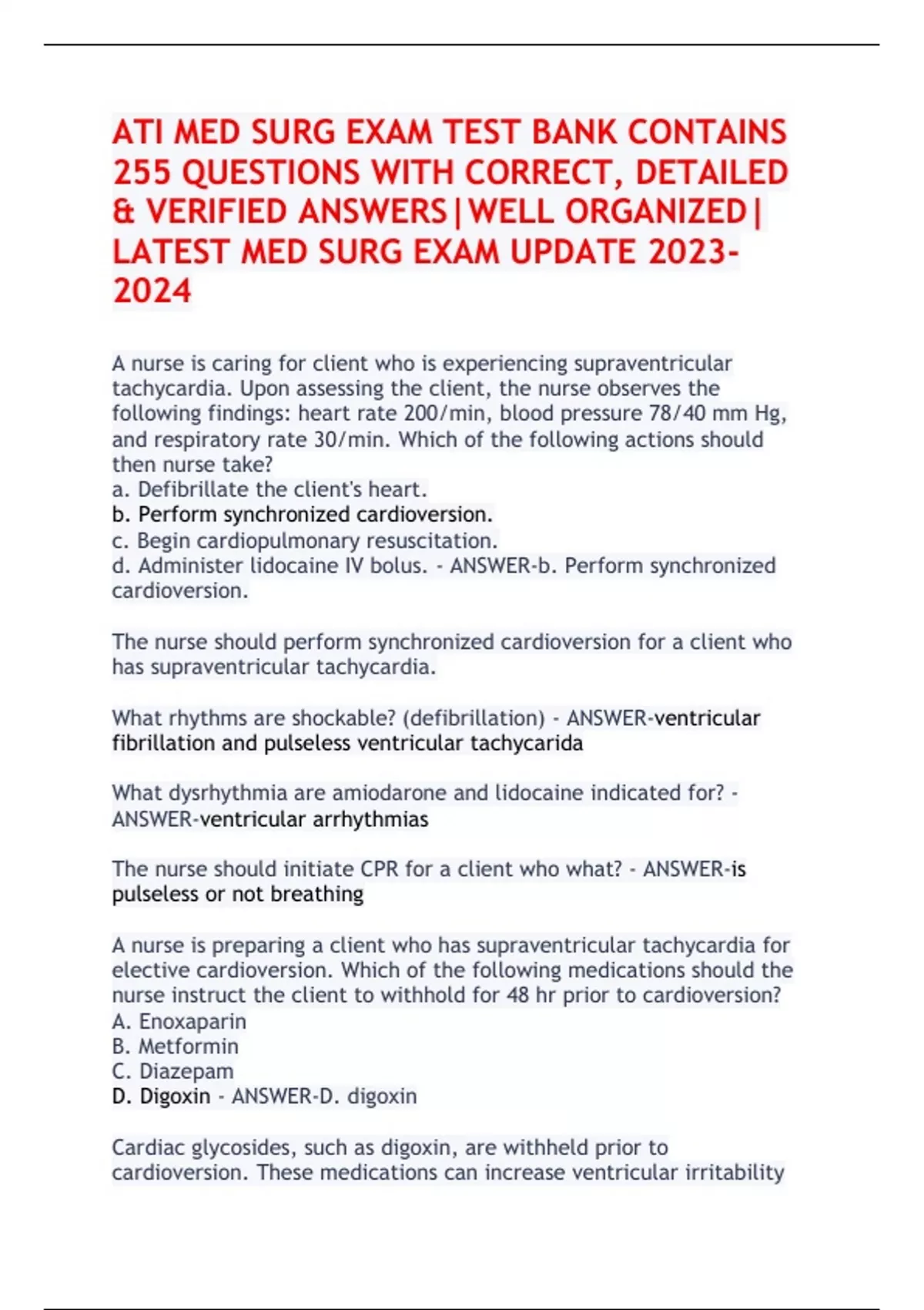 NEW ATI MED SURG EXAM TEST BANK CONTAINS 255 QUESTIONS WITH CORRECT ...