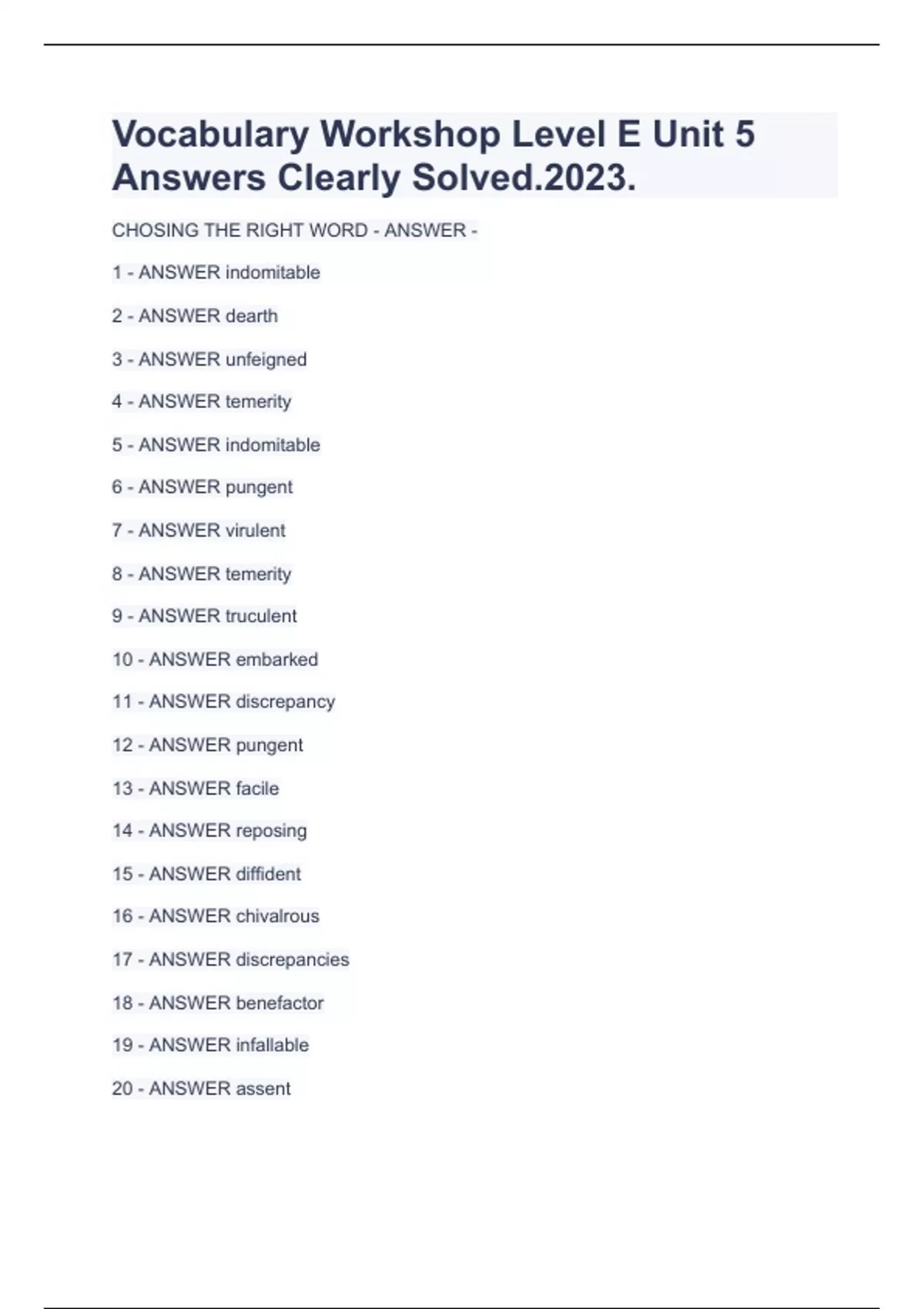 Vocabulary Workshop Level E Unit 5 Answers Clearly Solved.2023. - TEFL ...