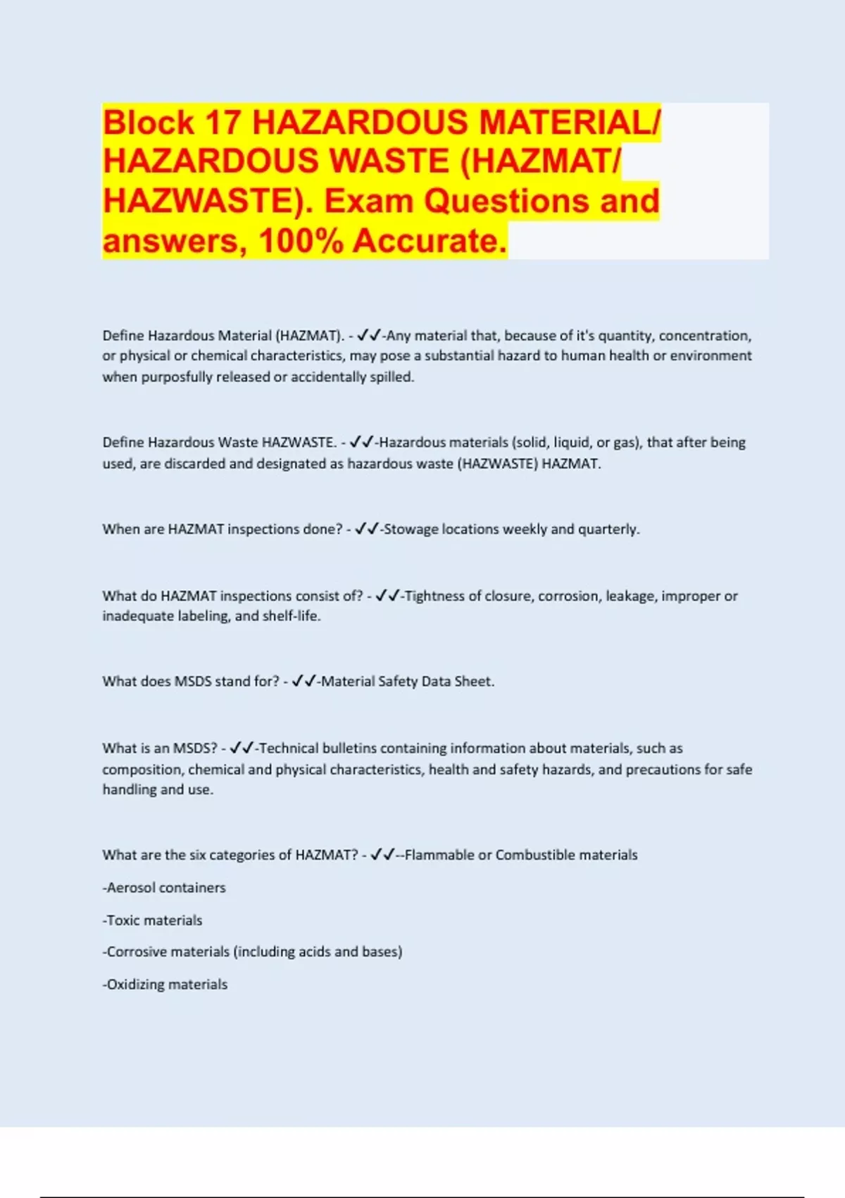 Block 17 HAZARDOUS MATERIAL/ HAZARDOUS WASTE (HAZMAT/ HAZWASTE). Exam