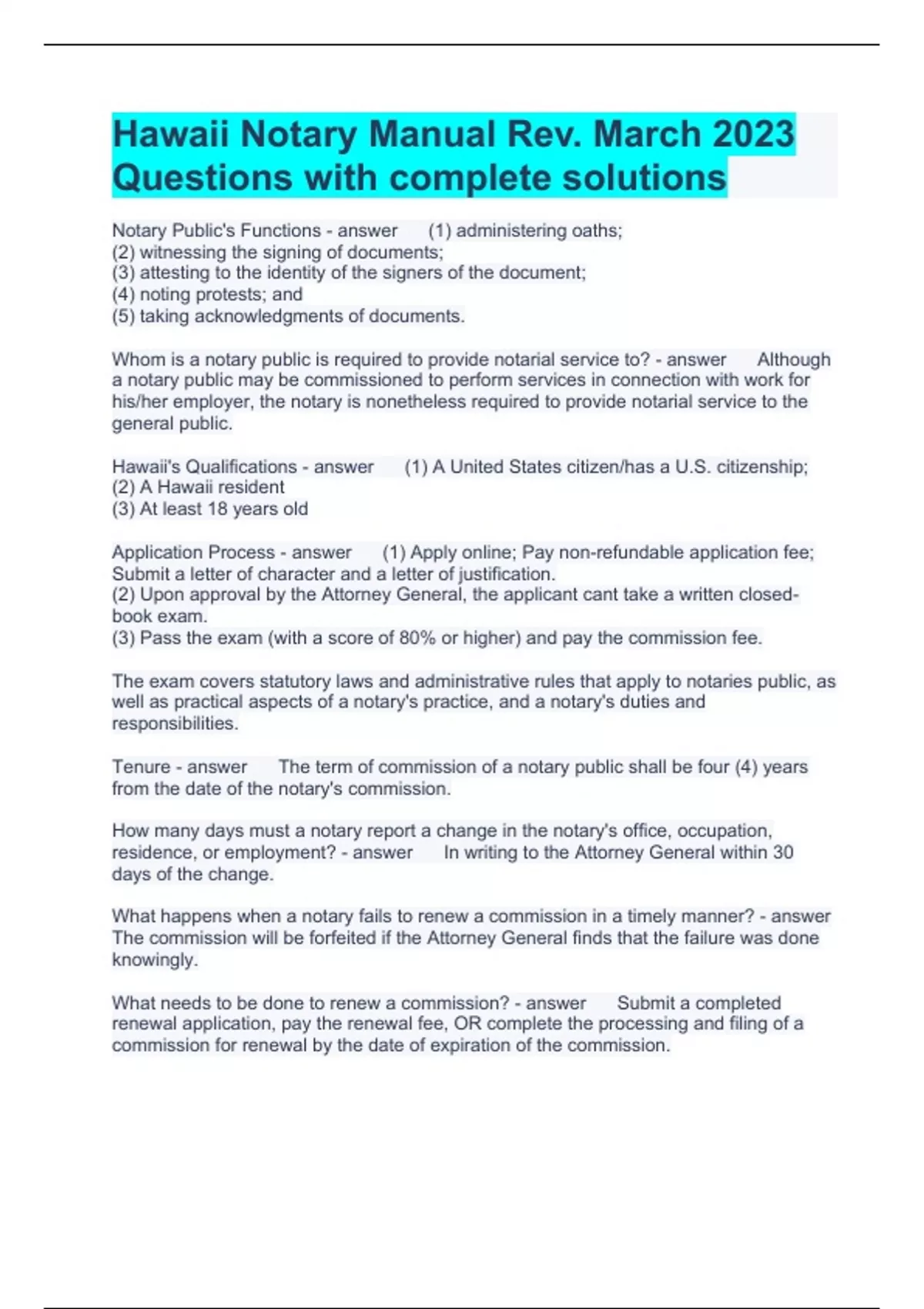 Hawaii Notary Manual Rev. March 2023 Questions with complete solutions