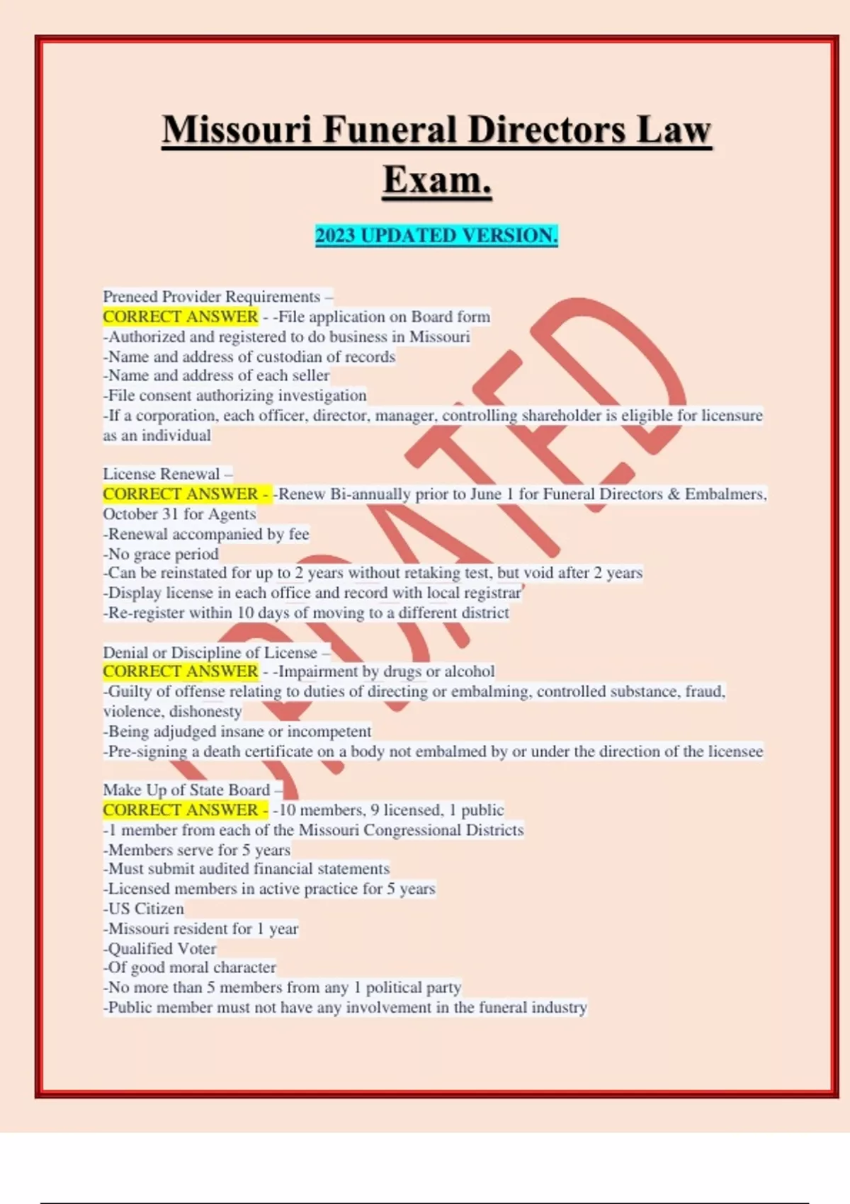 Missouri Funeral Directors Law Exam. 2023 UPDATED VERSION. Missouri Funeral Directors Law