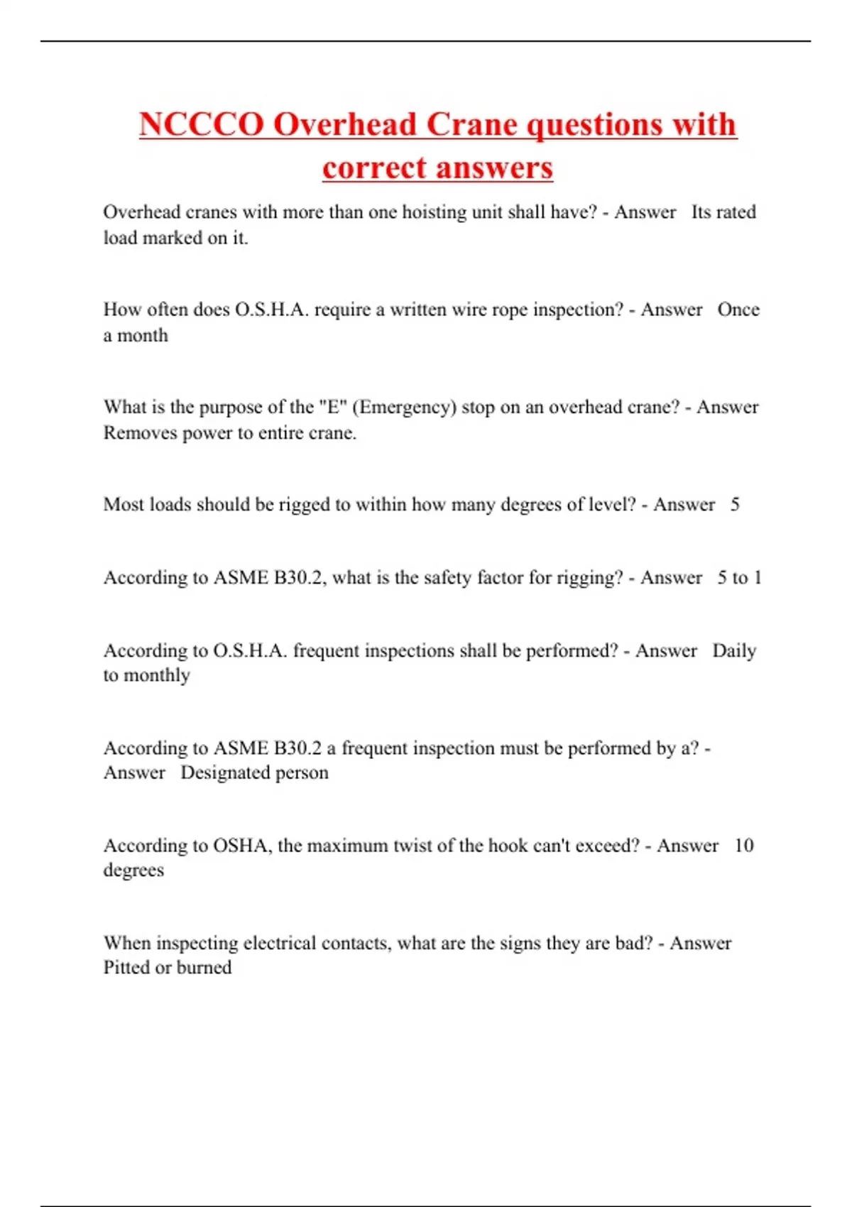 NCCCO Overhead Crane questions with correct answers NCCCO Stuvia US