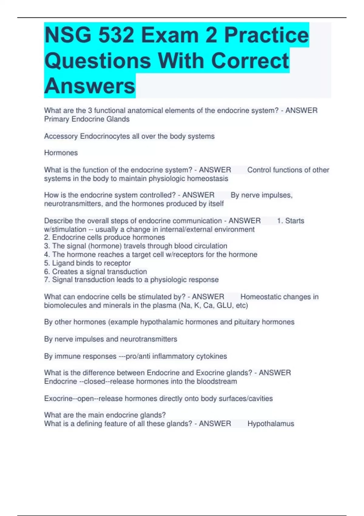 582 Sample Questions NSG 532 Exam 2 Practice Questions With Correct Answers - NSG 532 ...
