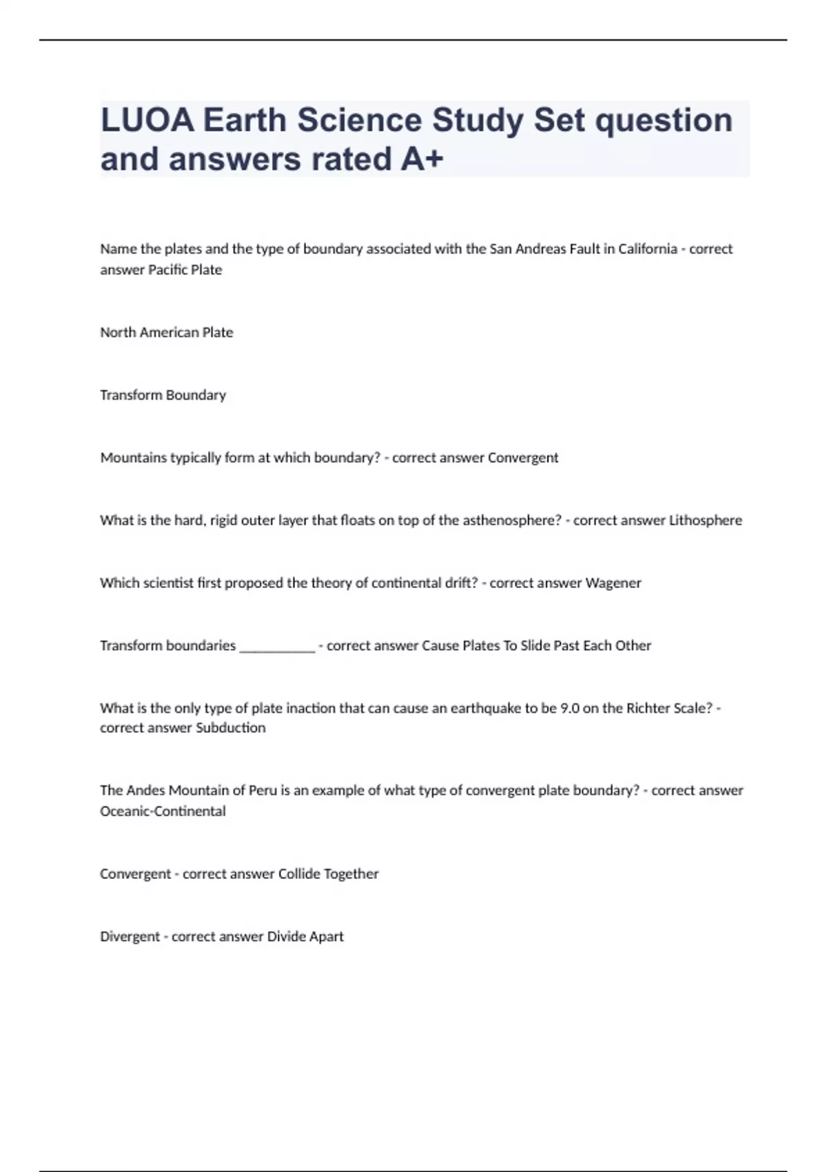 LUOA Earth Science Study Set question and answers rated A+ - LUOA ...
