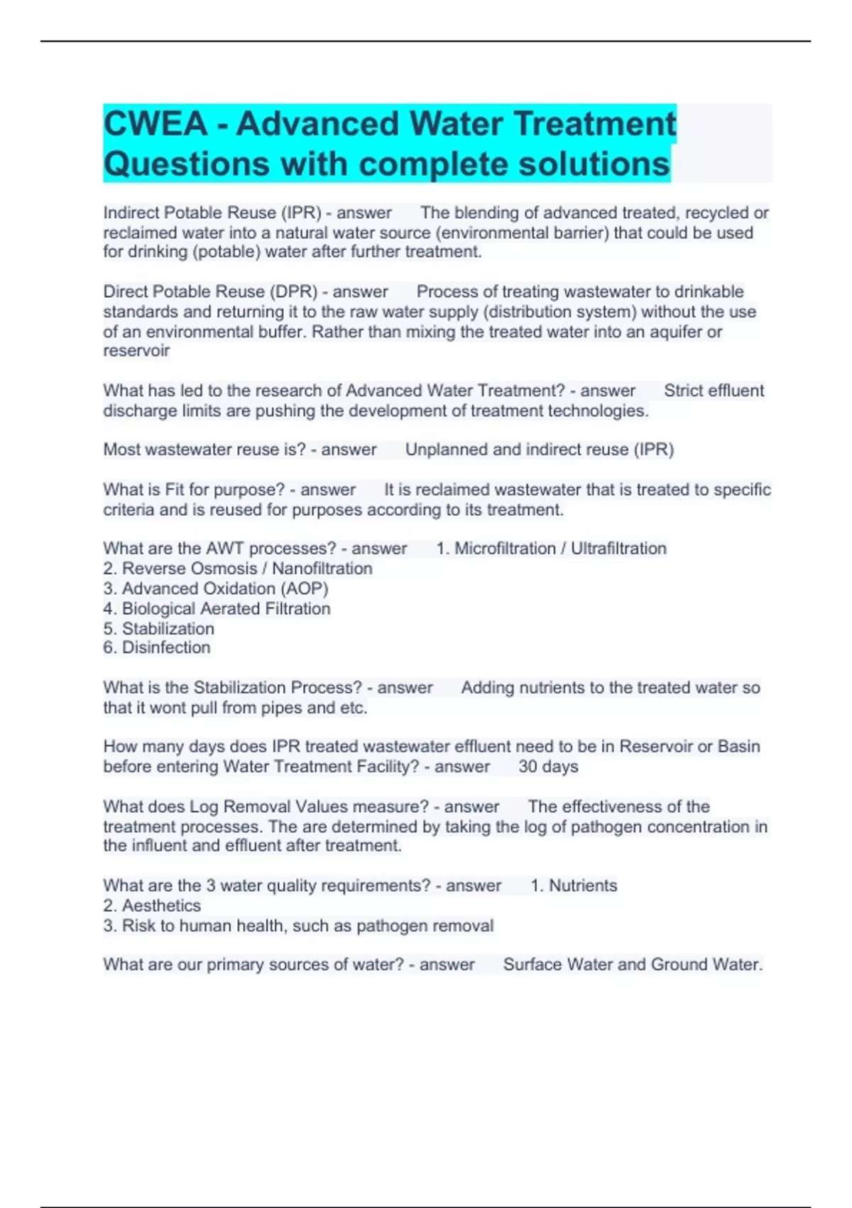 CWEA Advanced Water Treatment Questions with complete solutions