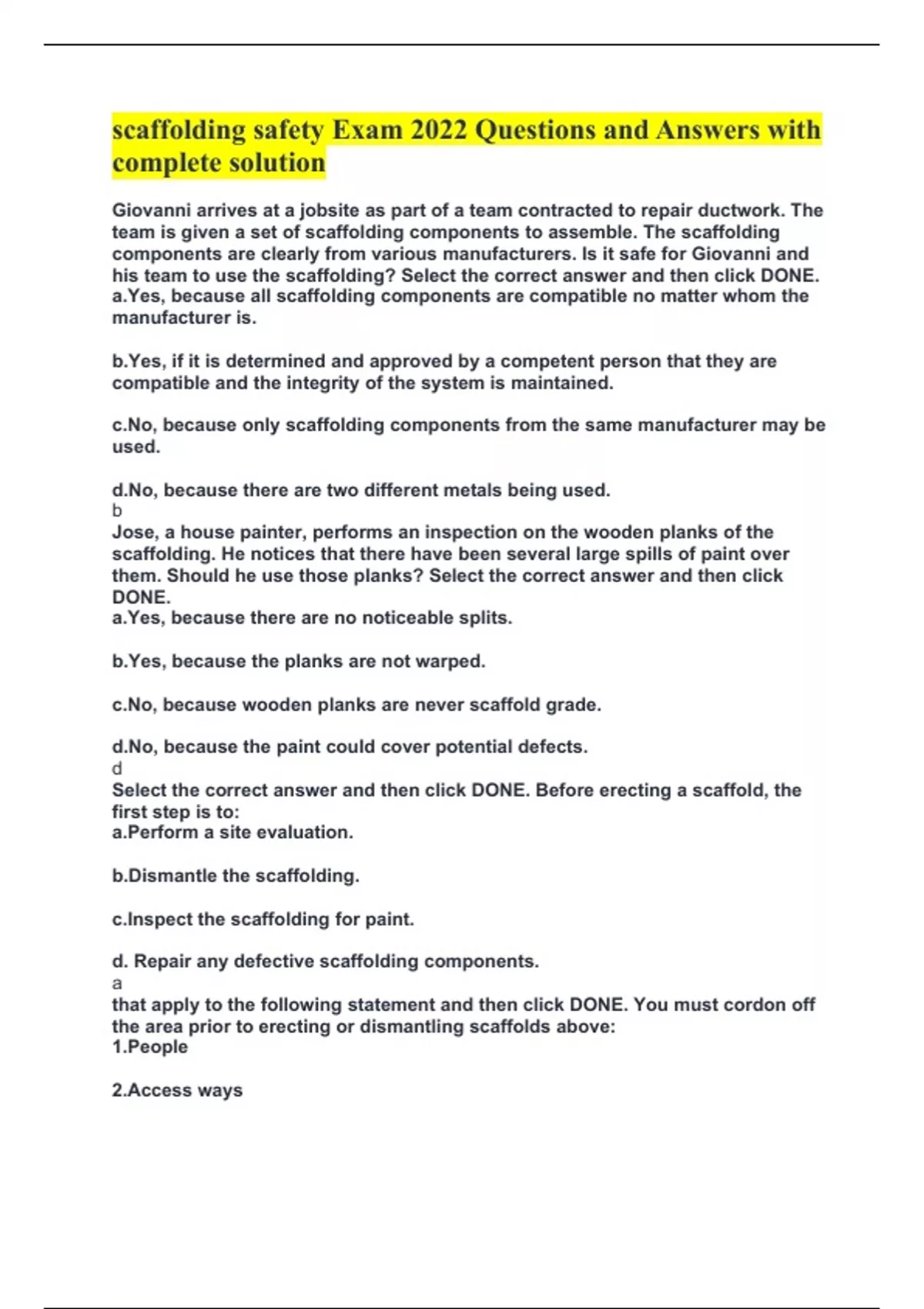 scaffolding safety Exam 2022 Questions and Answers with complete
