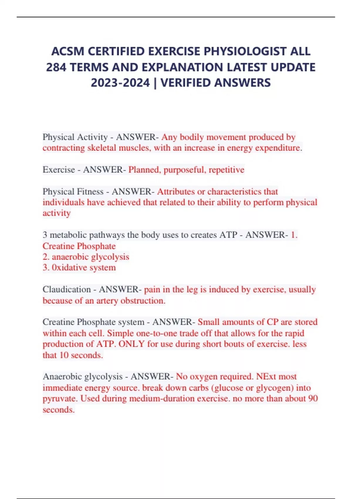ACSM CERTIFIED EXERCISE PHYSIOLOGIST ALL 284 TERMS AND EXPLANATION