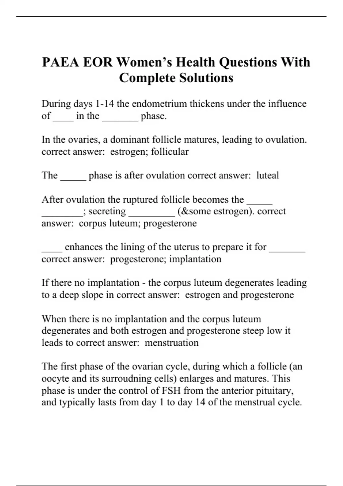 PAEA EOR Women’s Health Questions With Complete Solutions Women’s