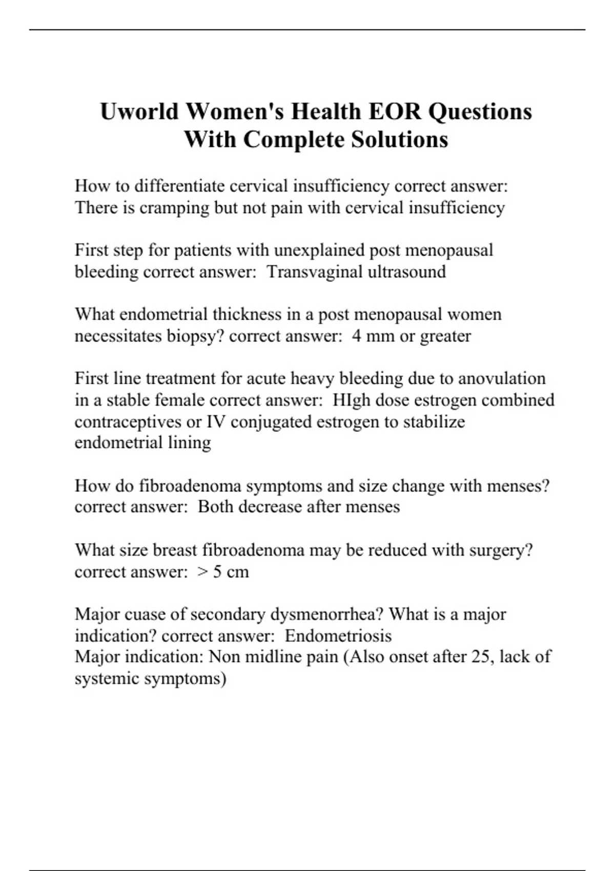 Uworld Women's Health EOR Questions With Complete Solutions Women\'s